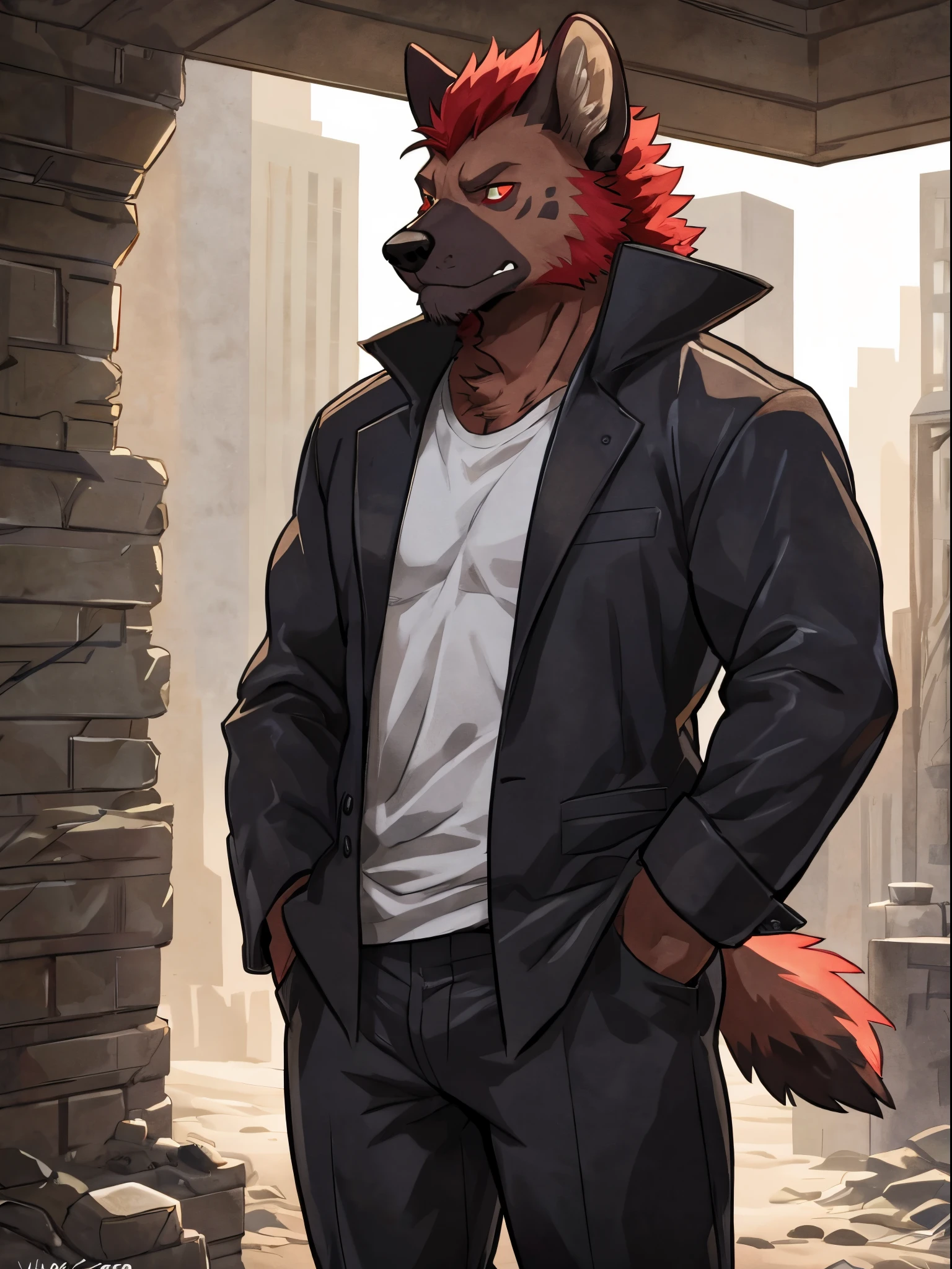 <lora:cooper-08:1>, cooper krager, solo, looking at viewer, shirt, 1boy, jacket, male focus, open clothes, hood, black shirt, hoodie, muscular, pectorals, muscular male, bara, hooded jacket, sharp fingernails, night city, neon, furutistic, yellow fur