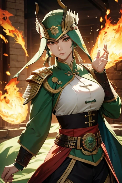 ( best quality, highres), Pang Tong (Dynasty warriors 9), fire, blazing, phoenix, masked face