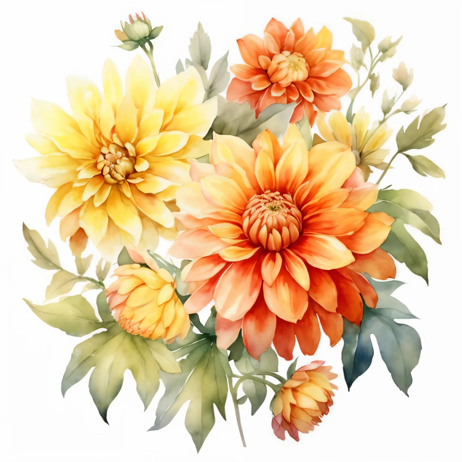 a close up of a bunch of flowers with leaves on a white background, dahlias, watercolor painting style, by Liao Chi-chun, with colored flowers, chrysanthemums, by Olga Boznańska, full color illustration, watercolor illustration, watercolor illustration style, illutstration, illustration!, aquarel, color illustration, aquarelle painting