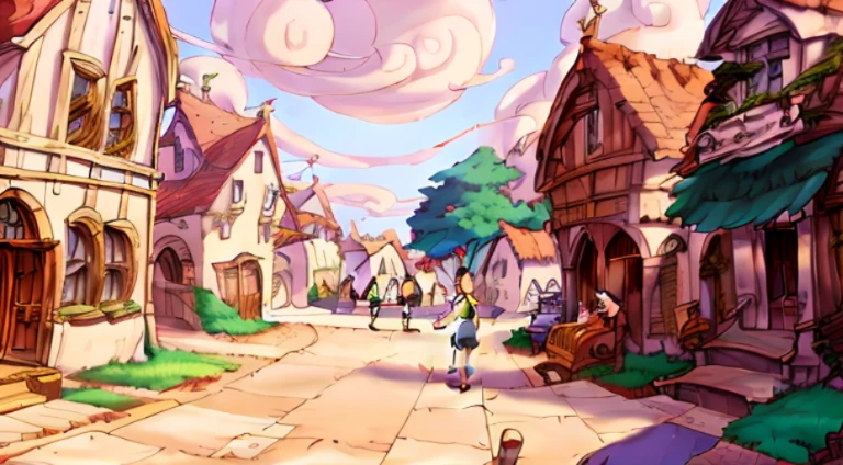 a painting on the street，People walking on the streets，In the background is a building, anime scene, beautiful anime scenes, Anime beautiful peaceful scene, Screenshot of the animated movie, Anime landscapes, Anime countryside landscape, Anime background art, beautiful anime scenery, Screenshots from the 2012 animation, in the anime film, Opening scene, Colorful anime movie background