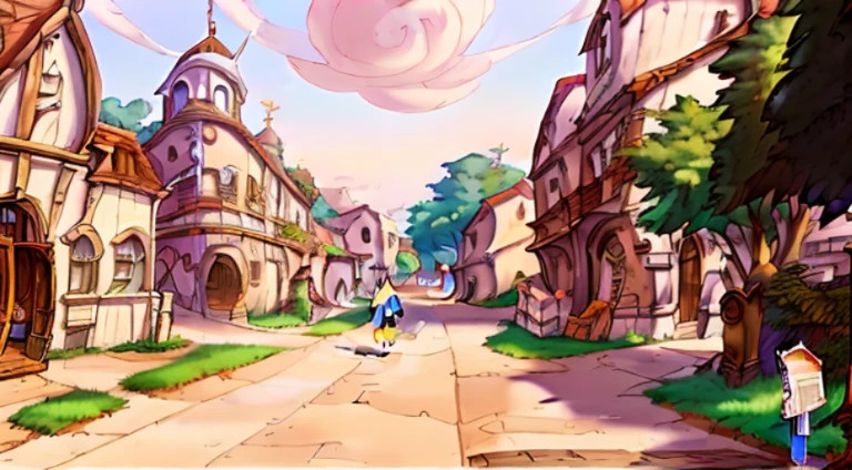 a painting on the street，People walking on the streets，In the background is a building, anime scene, beautiful anime scenes, Anime beautiful peaceful scene, Screenshot of the animated movie, Anime landscapes, Anime countryside landscape, Anime background art, beautiful anime scenery, Screenshots from the 2012 animation, in the anime film, Opening scene, Colorful anime movie background