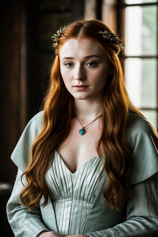 Foto RAW, Sansa Stark INTERPRETADA POR SOPHIE TURNER Ned e a filha mais velha de Cat, Recatado e ladylike, her dream is to marry Prince Joffrey, Seu direwolf se chama Lady , medieval erotic costumes, peito perky, série game of thrones, (pele altamente detalhada: 1.2), 8k UHD, DSLR, soft-lighting, alta qualidade, grain of film, Fujifilm XT3