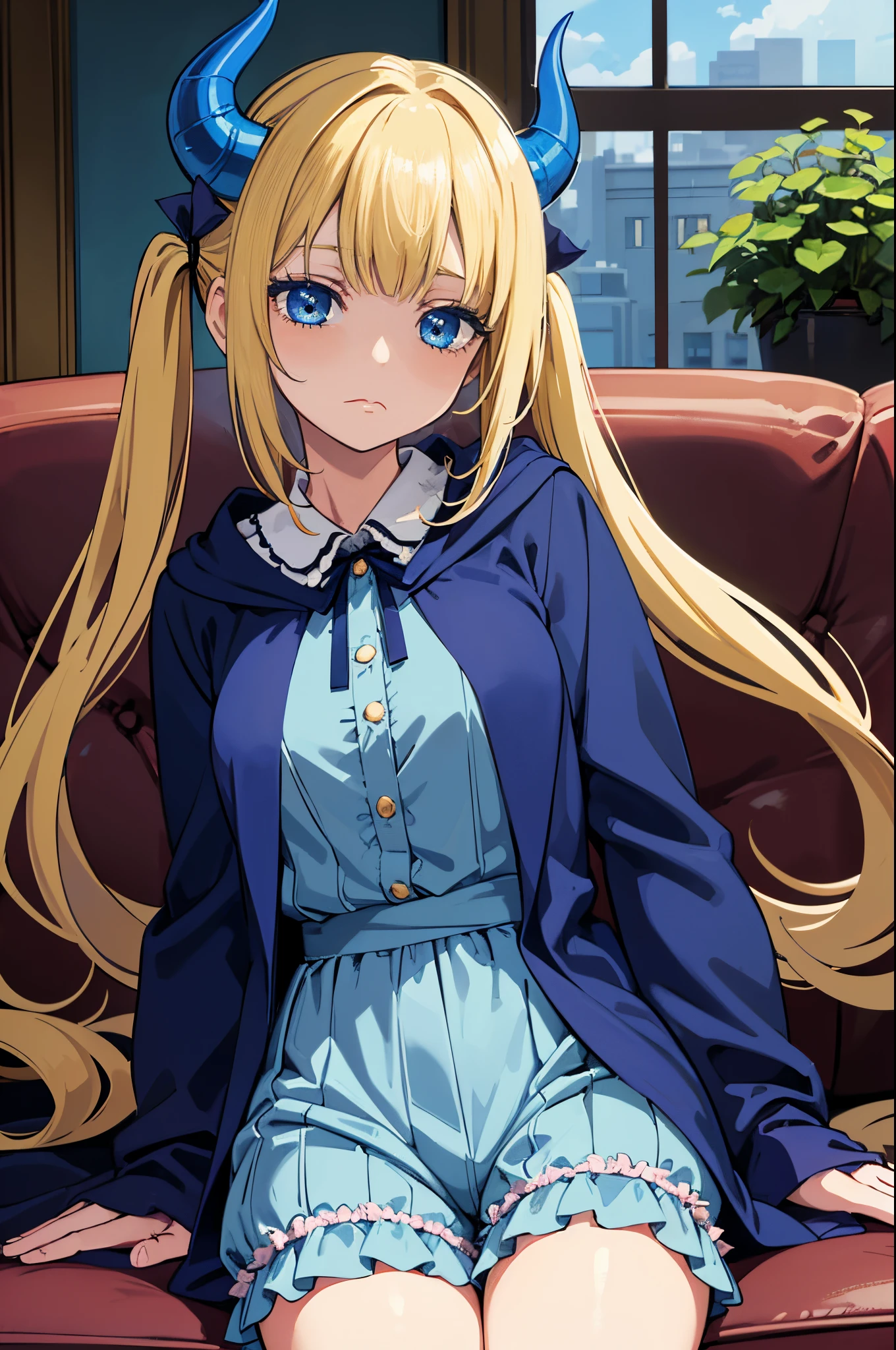 Safe for work, masterpiece, solo, 1 girl, (young female body:1.4), ( medium breasts), cowboy shot, yellow hair, extra long hair, blunt bangs, light blue eyes, pigtails, indoors mansion, Fairy Tail anime style, light blue demon horns, light blue demon horns, light blue horns, light blue devil horns, blue horns, sleepy face, blue sleeping robes, lolita style pyjama, pyjama shorts, puffy lolita shorts, cloak, blue pyjama, cape, sitting on couch, blue demon horns, light blue animal horns, puffy lolita shorts, two piece pyjama, blue and purple, light blue horns, blue cloak, blue bathing robes, sleeping robes, long robe