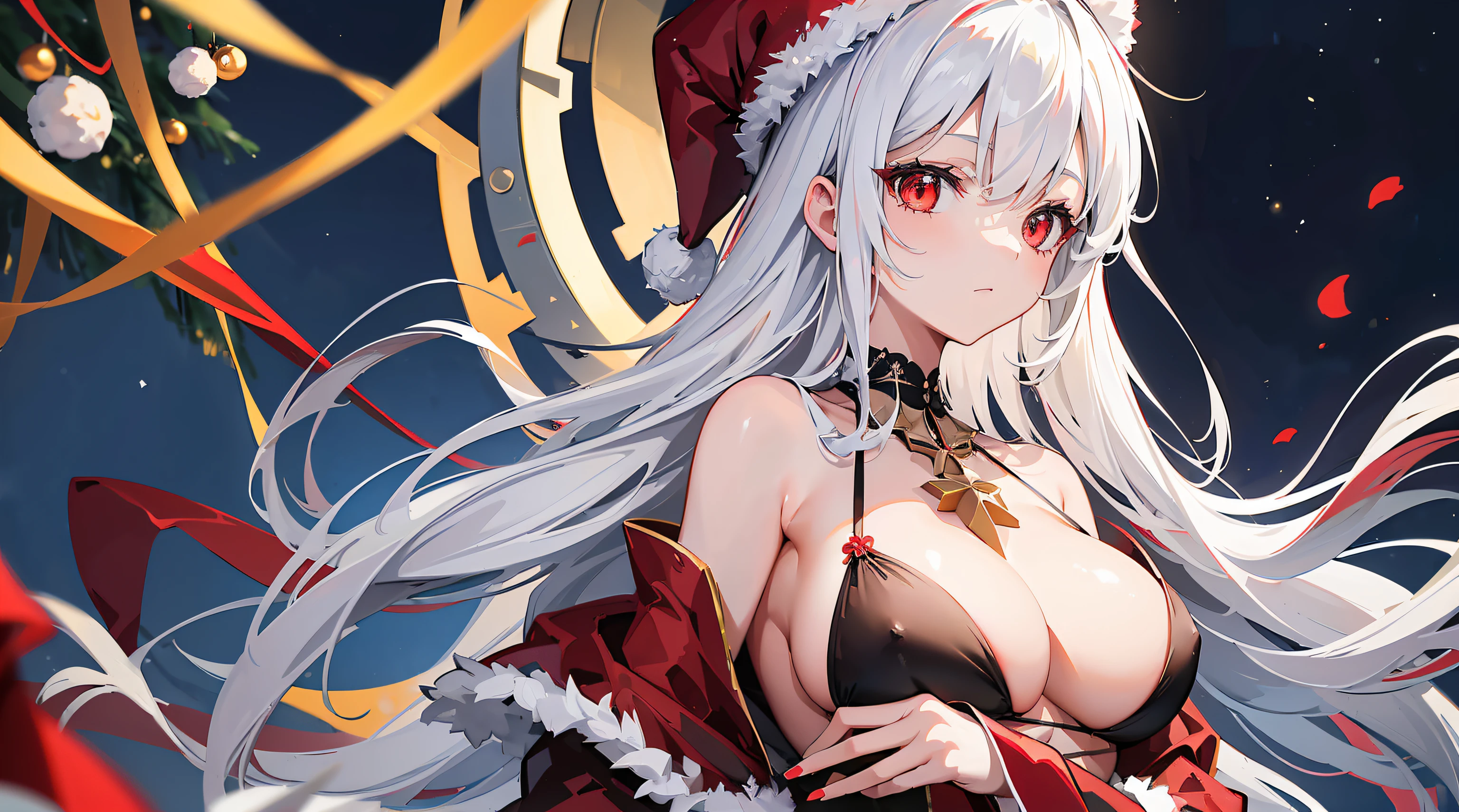 1 girl, christmas tree, cristmas hat, white hair, long white hair, red eyes, big boobs, black bikini, black halo, night, high res, masterpiece, supersharp, ((masterpiece)),(((no clothes))),(((best quality))), realistic, high quality, masterpiece, HD, red dress, sexy santa dress,