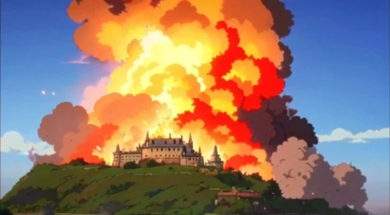 A castle explodes and smoke rises, the explosion from akira, Studio Ghibli anime screenshots, There were huge explosions everywhere, Explosion  in the background, blasts!, Howl's Moving Castle, Howl's Moving Castle, explosions in the background, Howl's Moving Castle, Moving Castle, Explosions around, big bang, Screenshot of the animated movie, anime movie screenshot