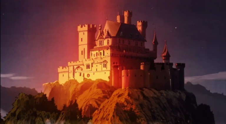 There is a castle,There is a cross on it, beautiful anime scenes, castle scene manga, castle in the sky style, howl\'s moving castle at night, castle background, Screenshot of the animated movie, sky cities, Screenshots from the 2012 animation, style of marc simonetti, Beautiful castle, inspired by Marc Simonetti