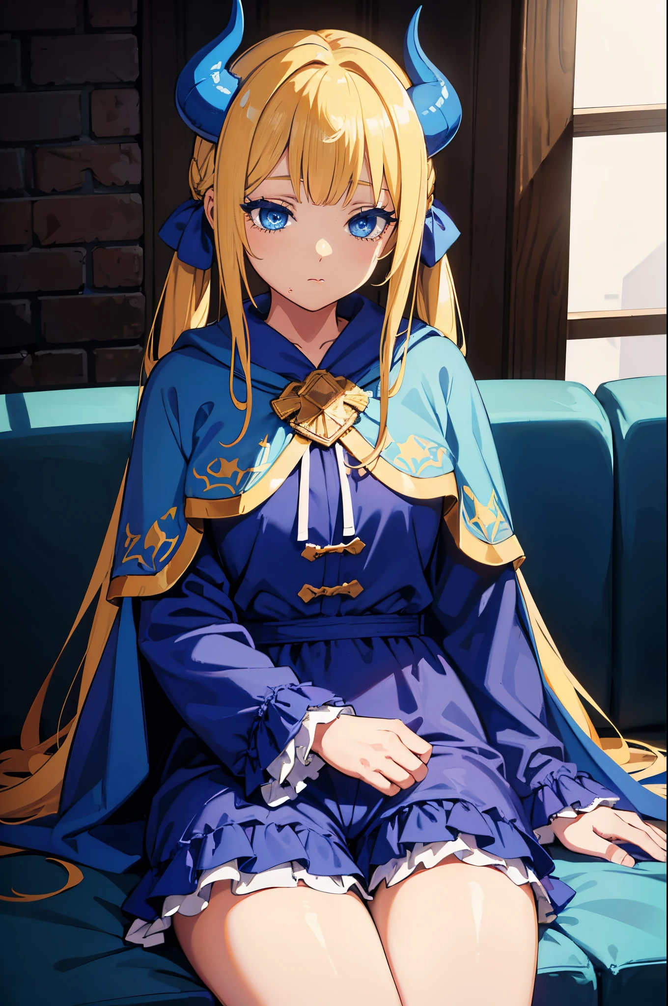 Safe for work, masterpiece, solo, 1 girl, (young female body:1.4), ( medium breasts), cowboy shot, yellow hair, extra long hair, blunt bangs, light blue eyes, pigtails, indoors mansion, Fairy Tail anime style, light blue demon horns, light blue demon horns, light blue horns, light blue devil horns, blue horns, sleepy face, blue sleeping robes, lolita style pyjama, pyjama shorts, puffy lolita shorts, cloak, blue pyjama, cape, sitting on couch, blue demon horns, light blue animal horns, puffy lolita shorts, two piece pyjama, blue and purple, light blue horns, blue cloak, blue bathing robes, sleeping robes, long robe