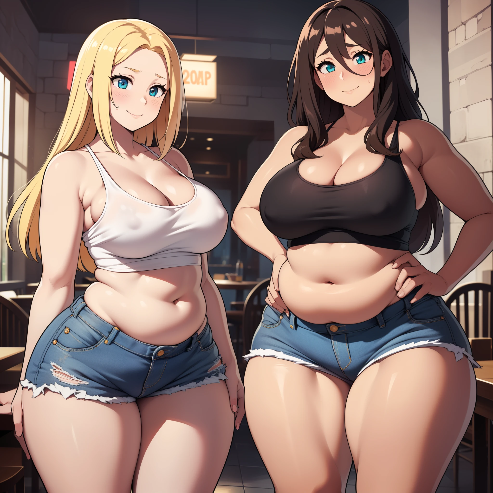 ((high res)), (Masterpiece), perfect anatomy, perfect shading, field of depth, (best quality), extremely delicate and beautiful, perfect lighting, detailed face, ultra cute face, cute, (cowboy shot 1.2), full body, (((2girls))), ((2 girls 1 and 2))
Girl 1: has long hair, fluffy hair, blonde hair, blue eyes, (blush), embarrassed, (crop top 1.2), (jean shorts 1.2), extremely tight clothes, medium breasts, cleavage, perky breasts, ((wide hips)), (thick thighs), (chubby), pudgy belly, fat rolls, belly hang,
Girl 2: has short hair, fluffy hair, brown hair, green eyes, smile, (white tank top 1.2), (jeans 1.2), extremely tight clothes, medium breasts, cleavage, perky breasts, (((wide hips))), ((thick thighs)), (plump), chubby belly, fat rolls, belly hang, she has a jiggly belly,
Fast food restaurant, intricate background, detailed background, girls are standing next to each other,