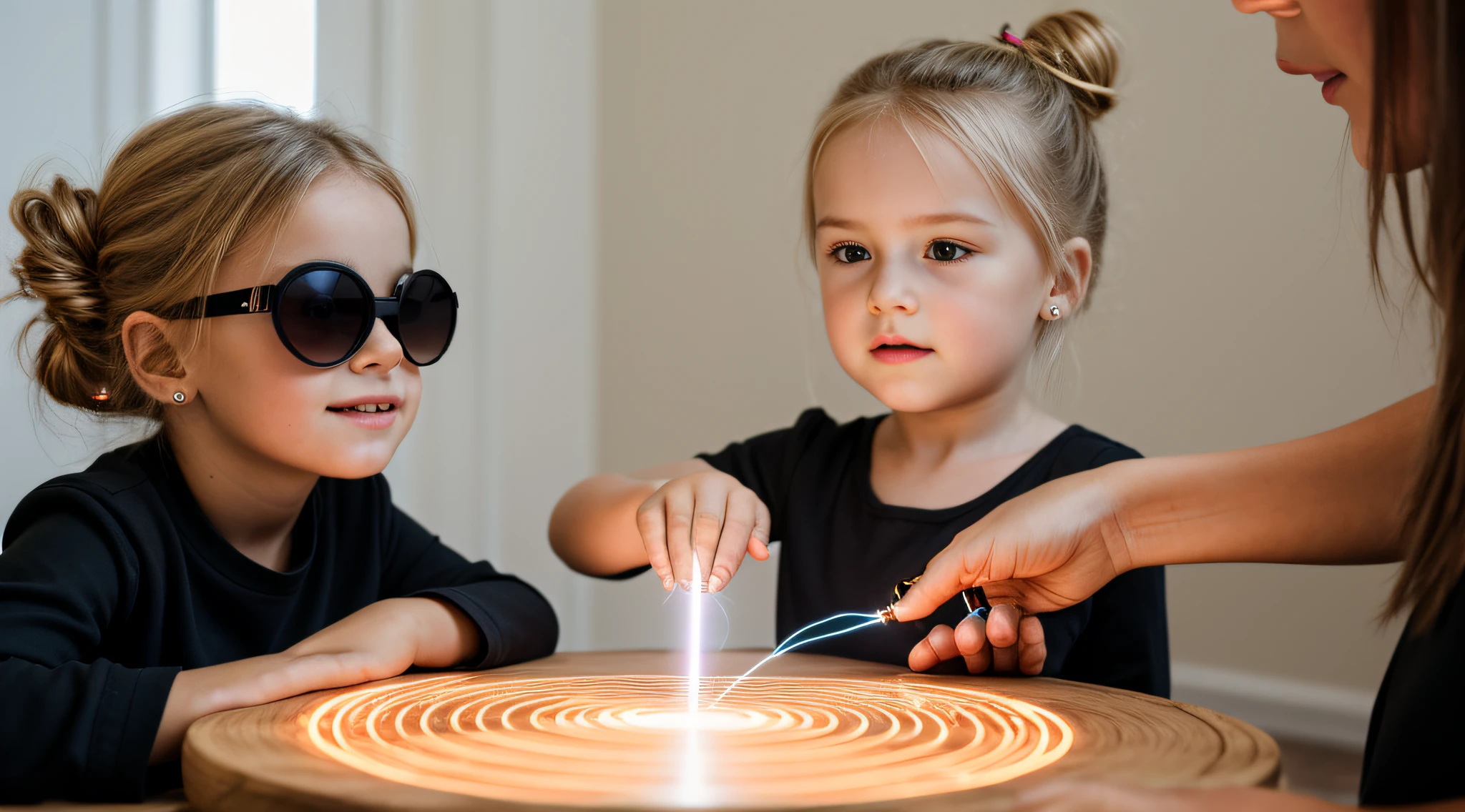 close-up CHILD BLONDE GIRL WITH HAIRBUN, in a black blouse and sunglasses, a laser is being used to illuminate a circle,