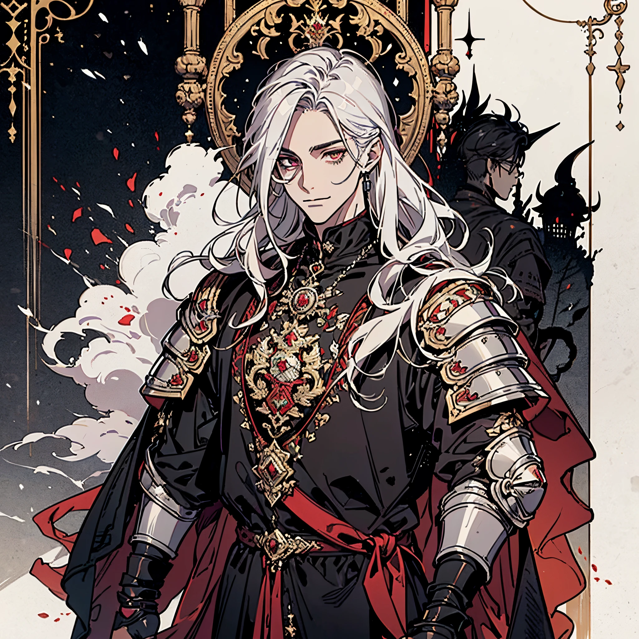 (portraite of a), ((beste-Qualit, hight resolution, ultradetailed), bright colours, ((((1 male)))), grown up, tall muscular guy, wide shoulders, Fantasy, dnd, person, ((4 eyes)), 2 Pairs of eyes, beatiful face, Neat facial features, detailized face, Bright Red Eyes, albino, White Skin Skin, Lush eyelashes, smirk, wicked smile, pretty eyes, Sadism, White long hair, white colored hair, slick hair, straight hair, (Gothic armor), in armor, pale skin, Lots of scars, Scars on the skin, macabre, Gloomy design, Has red smoke and aura, eldritch, Creepy, nightmarish, light around the head, Additional lighting, enticing, tarot card, card cover