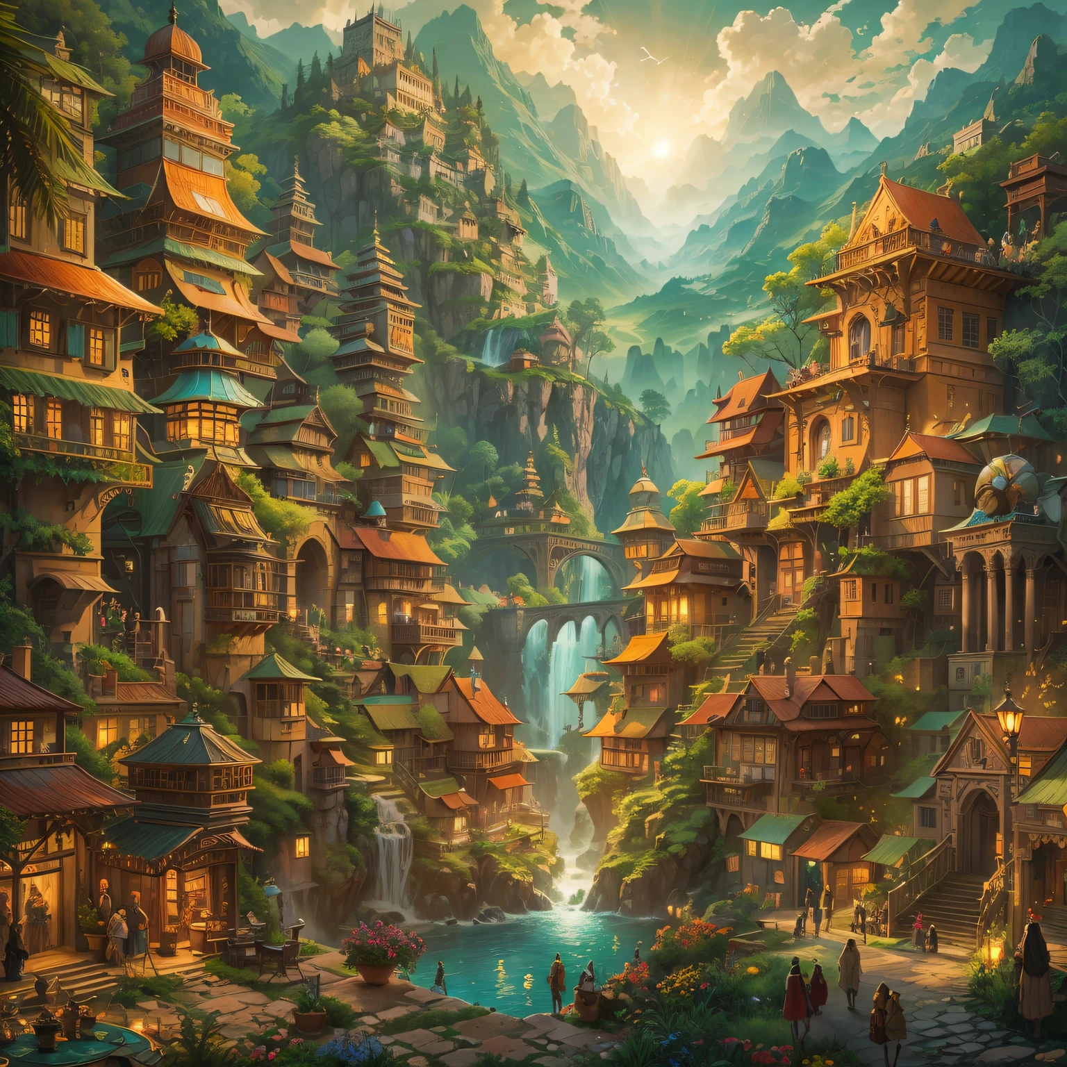 tribal style,Utopian dream cityscape,illustratio,Detailed pubic hair,A high resolution,(Best quality at best,4K,8K,tmasterpiece:1.2),(actual:1.37),vivd colour,Focus sharp,Studio lighting,Ultra-fine painting,physically-based renderingt,Extraordinary details,human perspective,tribal pattern,Luxurious architecture,amazing scenery,Lush gardens,Ethereal atmosphere,waterfallr,Nature and technology coexist in harmony,Thriving community,equal society,Peace and harmony,Multicultural,Sophisticated street art,Joyous celebration,sun kissed sky,Warm golden glow,Set against a backdrop of majestic mountains,Abundant greenery,Fun interaction with nature,Tribal clothing and accessories,Whimsical creatures that live in cities,Inspiring sculptures and statues,Uplifting music fills the air,united and contented individuals,Positive energy radiates from every corner,Unforgettable experience,happy abode.