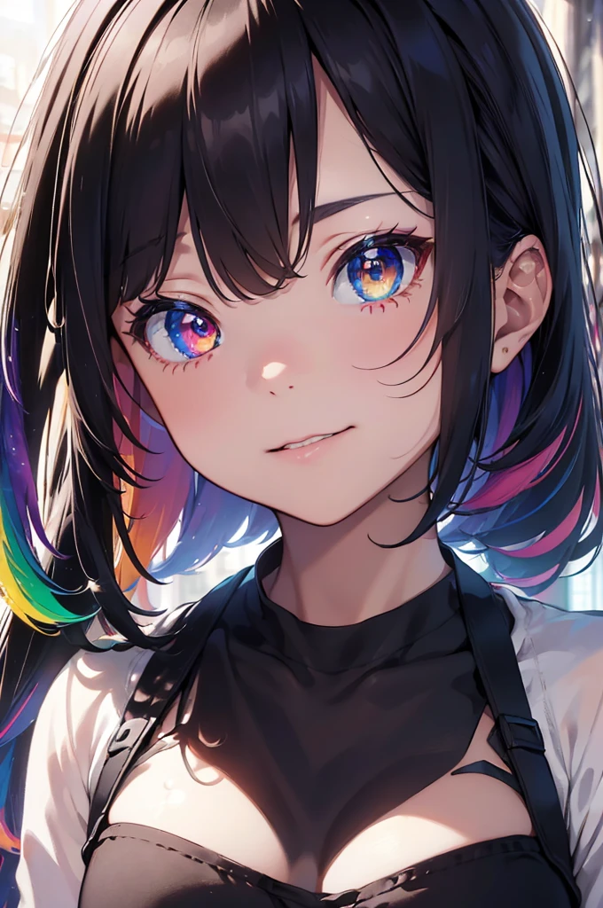 {{masterpiece}}, best quality, extremely detailed CG unity 8k wallpaper, cinematic lighting, lens flare, beautiful detail eyes, black,  side glance,  multicolor hair, colorful light, particles, heterochromia, (colorful:1.5), (colorful hair:1.5),