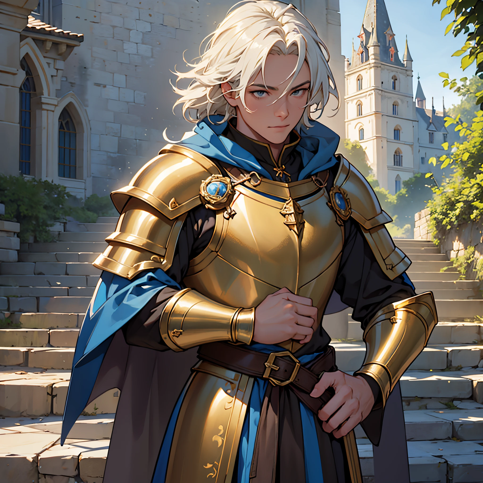 ​masterpiece, Best Quality, 4k, Very detailed, Close-up of a person&#39;Upper body body, Background with:In front of the stairs of a medieval castle built on a lake, knight in golden armor and blue cloak,