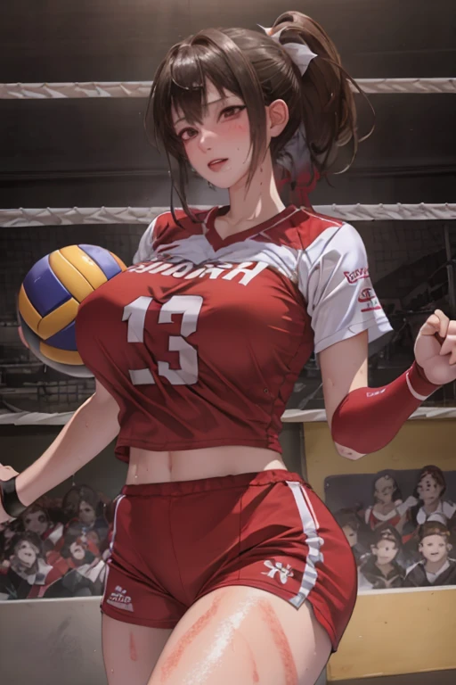 masterpiece:1.2, best quality), realistic, (real picture, intricate details, depth of field), (1girl, solo), make up, parted lips, highly-detailed, perfect face, (huge breasts:1.4), (skindentation), thick thighs, wide hips, small waist, tall, glossy coral lips, red hairs, red eyes, ponytail, (A girl playing volleyball, white volleyball uniform), (sweating:1.2), (wet), sexy, blushing,