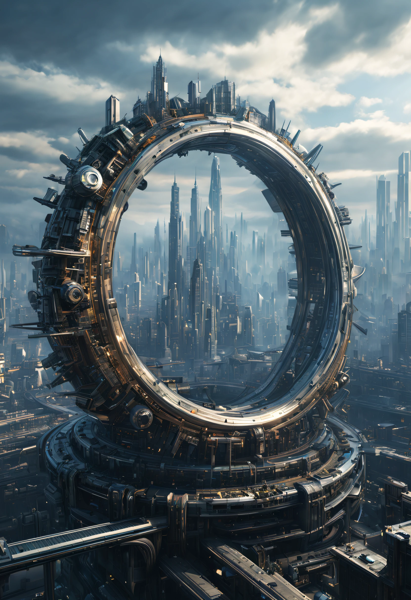 （Very unified cg scene design），（）A ring-shaped future city suspended in the universe），Complex structure，Complex gears，The texture is clear，Intricate patterns，glyptic，Titanium Alloy，Sophisticated construction，Ultra-complex structures，future human city，sci-fy，cyber punk personage，