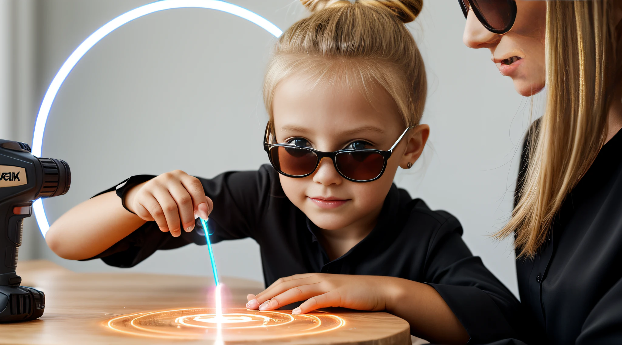 close-up CHILD BLONDE GIRL WITH HAIRBUN, in a black blouse and sunglasses, a laser is being used to illuminate a circle,