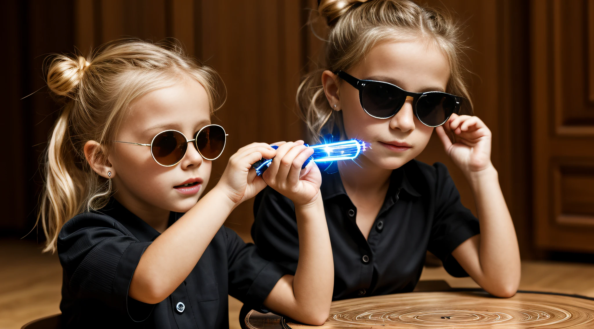 close-up CHILD BLONDE GIRL WITH HAIRBUN, in a black blouse and sunglasses, a laser is being used to illuminate a circle,