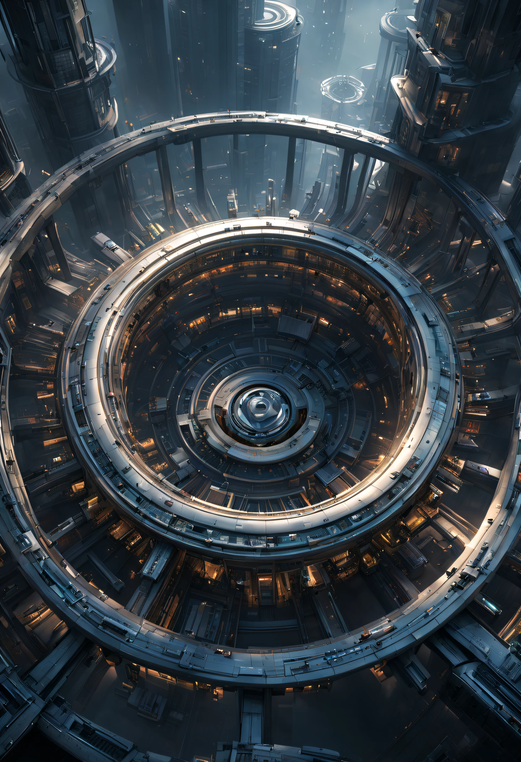 （Very unified cg scene design），（）A ring-shaped future city suspended in the universe），Complex structure，Complex gears，The texture is clear，Intricate patterns，glyptic，Titanium Alloy，Sophisticated construction，Ultra-complex structures，future human city，sci-fy，cyber punk personage，