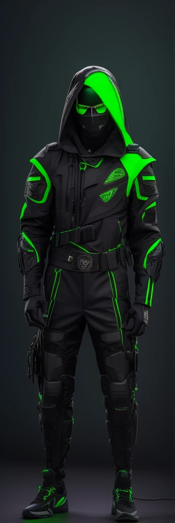 Personagem masculino, com capuz, mentalidade forte, verde neon, olhos verdes neon, rosto preto