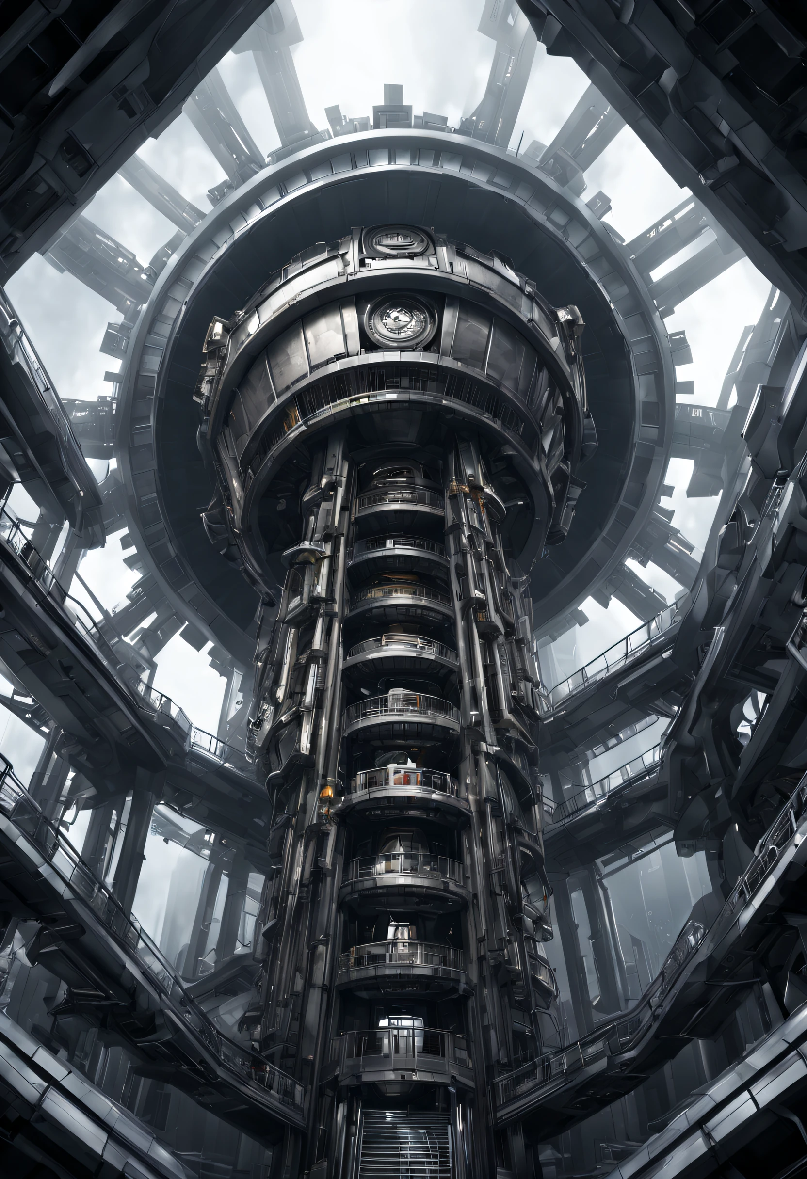 （Very unified cg scene design），（Giant sci-fi elevator to outer space），Complex structure，gear wheel，Titanium Alloy，Sophisticated construction，Ultra-complex structures，future people，sci-fy，Shoot from the bottom up