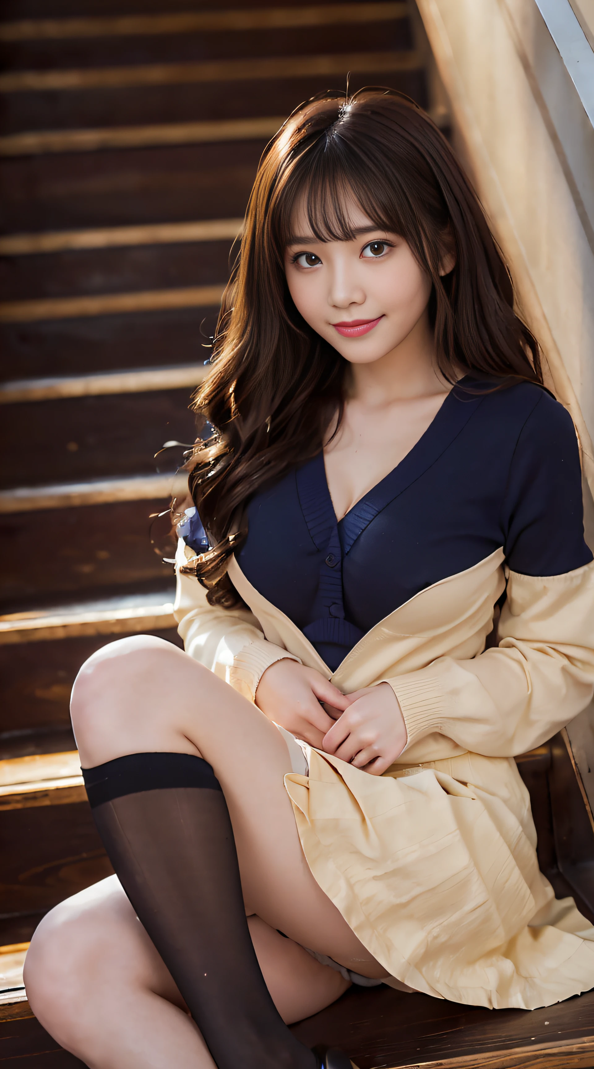 top-quality、Top image quality、​masterpiece、fully body photo、25 years old women, governess、Dark brown wavy middle hair、bangss、((dark blue long sleeve knit、Beige flared skirt、Stockings))、 ((no-bra、Puffy nipple、Flip the skirt、Visible))、Sexy red panties、soft boob、Large breasts、high-heels、 cute smile face、stairs at school、Sit on the stairs with your legs open、((I can see all my panties、Rub your chest with both hands、Touching the crotch))