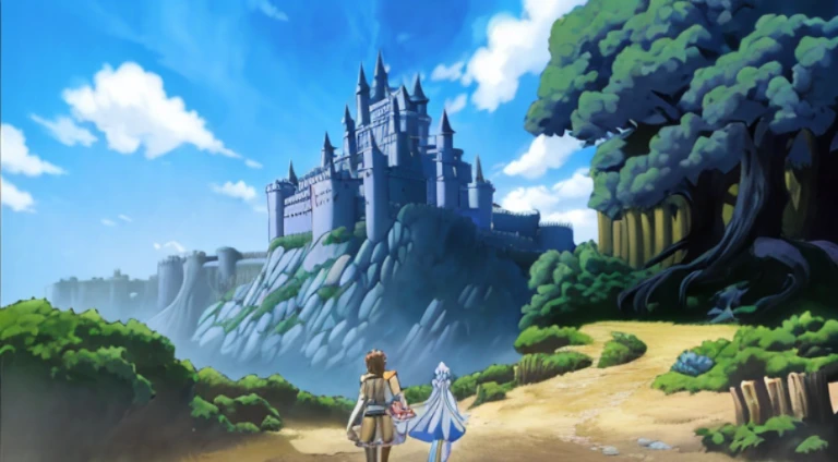 Anime scene of a couple walking on a dirt road,The background is a castle, castle in the sky style, sky cities, a huge floating castle, ( castle in background ), Today’s recommended anime is still, Screenshot of the animated movie, Screenshots from the 2012 animation, castle in distance, castle in distance, standing near a castle