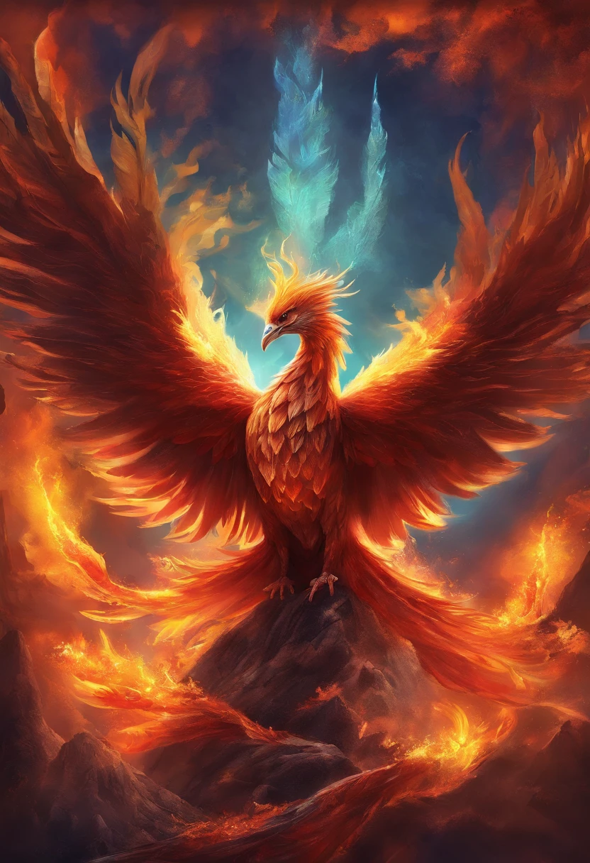 (tmasterpiece,high qulity,high detal,hyper HD:1.5),There is a bird flying over a mountain, Phoenix's artwork, ''Phoenix rest wallpaper, ''Phoenix wallpaper, The phoenix is reborn from the ashes, epic fantasy digital art style, phoenix in fire, phoenix dragon, Detailed digital 2D fantasy art, Epic fantasy art style, 4K fantasy art, epic fantasy digital art, Epic Fantasy Artwork