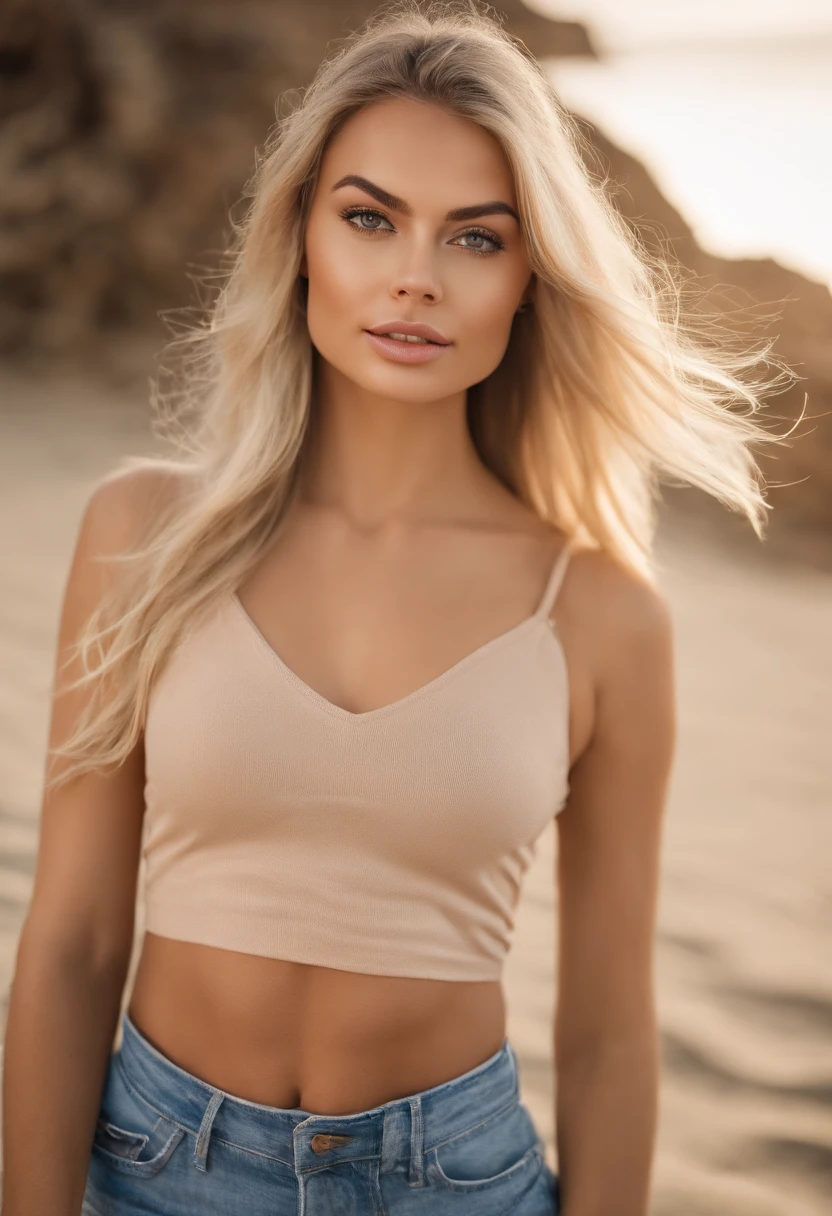 Blonde woman with matching tank top and bikini bottoms posing on a beach, fille sexy aux yeux bleus, Portrait Sophie Mudd, blur background, Best quality, 1fille, Portrait de Corinna Kopf, cheveux blonds et grands yeux, selfie of a young woman, ohne Maquillage, maquillage naturel, Look directly into the camera, Visage avec Artgram, dezentes Maquillage, Superbe photo du corps entier, dans la chambre, gros seins, Blonde, Latin