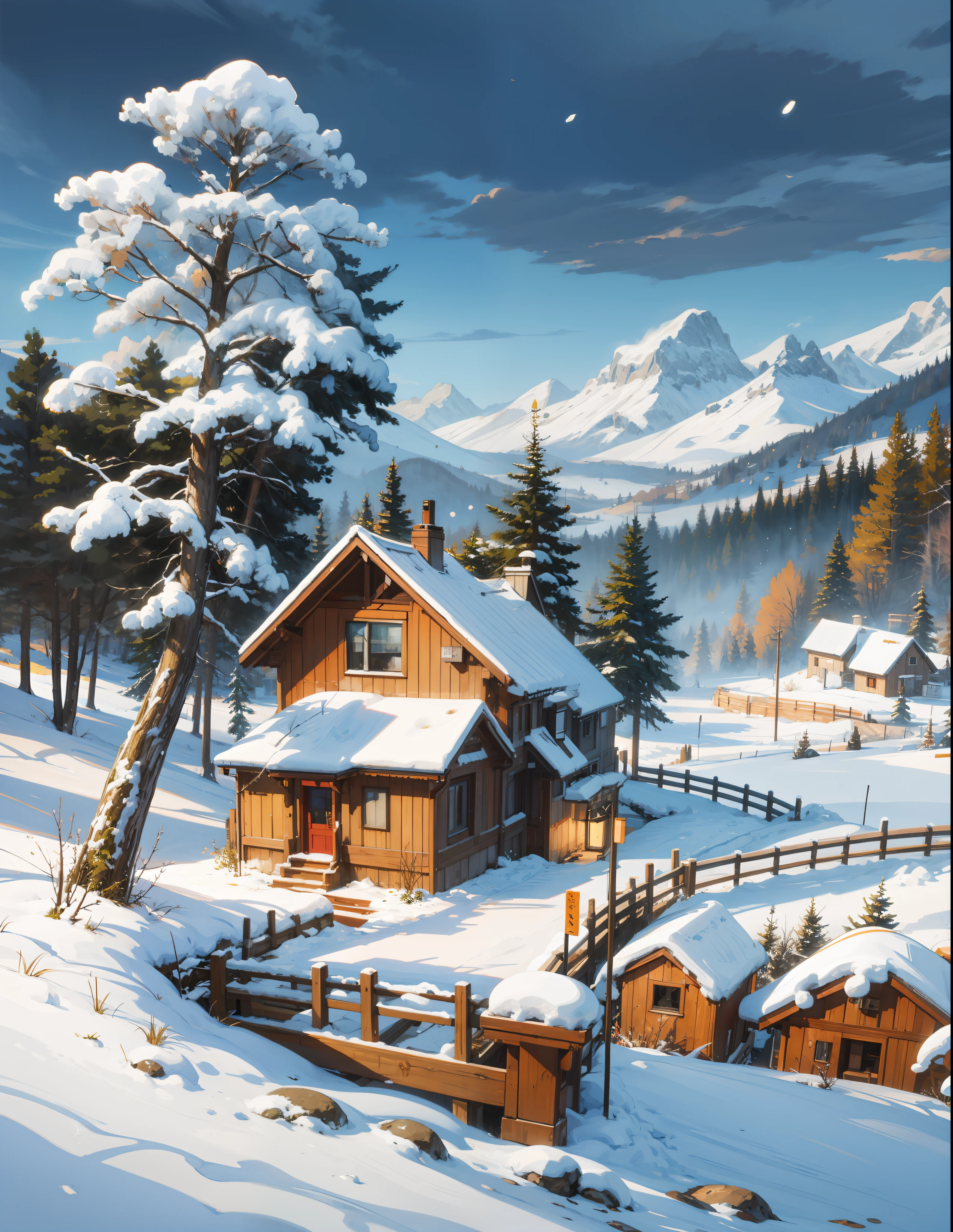 painting of a canada montreal, beautiful snowy view, beautiful calm lofi vibe,bushes,flowers, residential area,golden hour, snowy night,dusk,4k hd, cloud,beautiful art uhd 4 k, a beautiful artwork illustration, beautiful digital painting, highly detailed digital painting, beautiful digital artwork, detailed painting 4 k, very detailed digital painting, rich picturesque colors, gorgeous digital painting