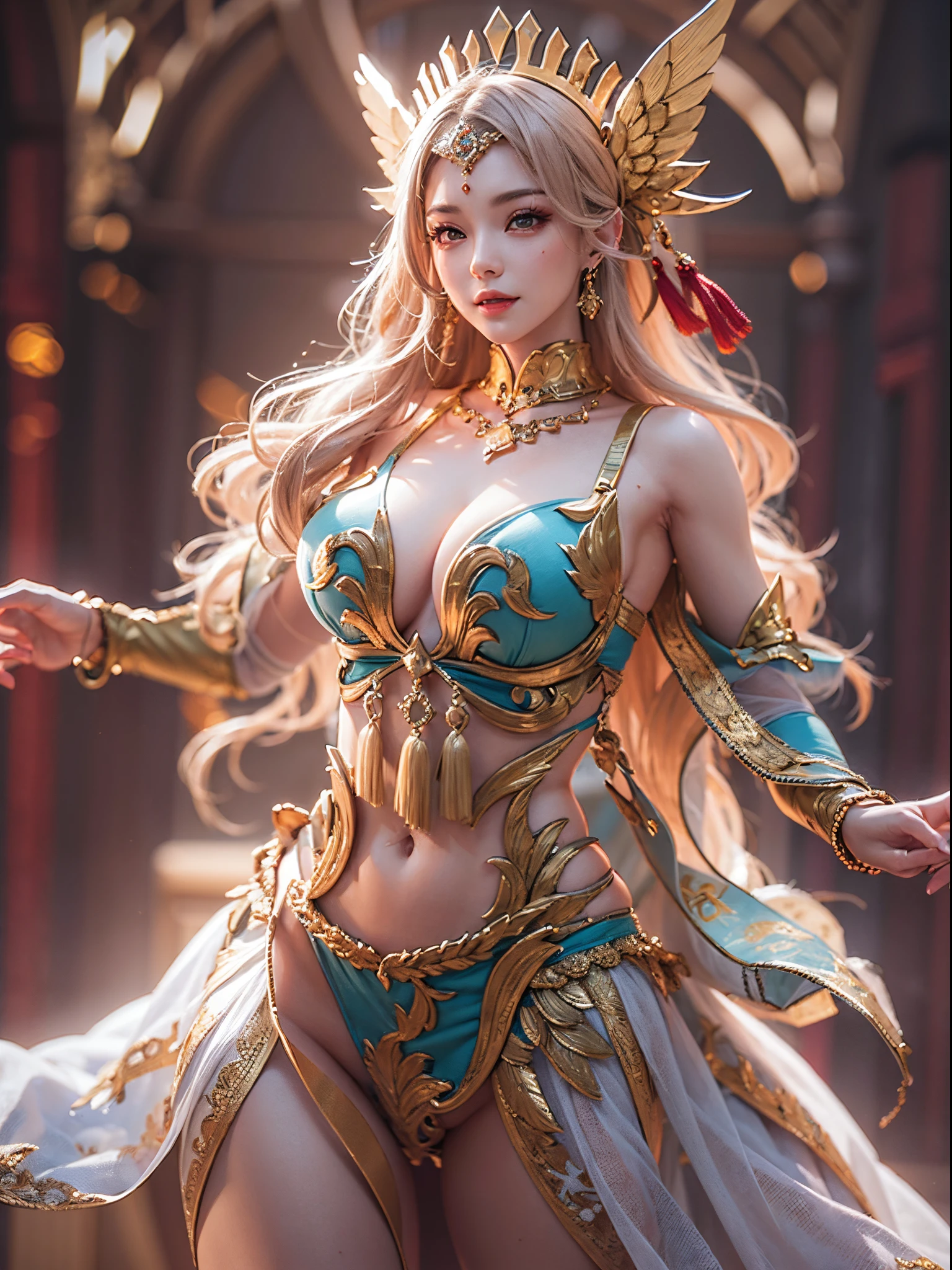 (((goddes)))8K high image quality、masutepiece、Ultra-realistic details、3d rendered、Sexy costume with wide open chest、Detailed body、Detailed chest、A detailed face、Detailed hand、Smile with a kind face、Bright light shines、Blur the background、