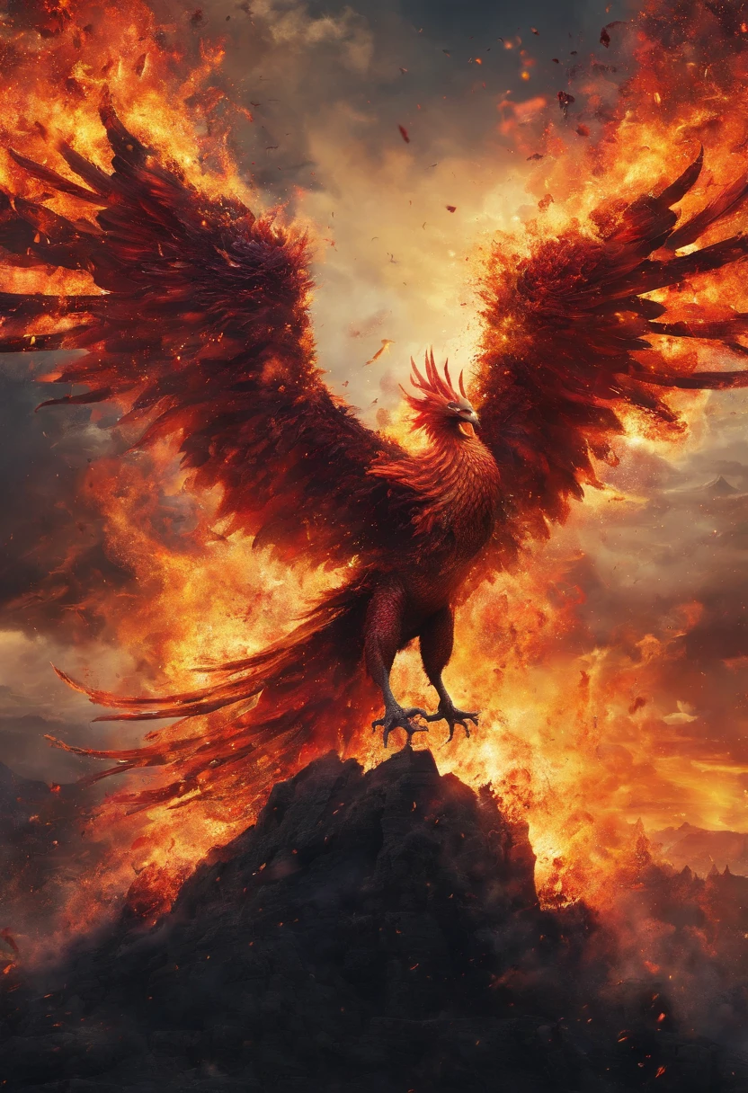 （tmasterpiece,high qulity,high detal,hyper HD：1.5）,There is a bird flying over a mountain, Phoenix&#39;s artwork, &#39;&#39;Phoenix rest wallpaper, &#39;&#39;Phoenix wallpaper, The phoenix is reborn from the ashes, epic fantasy digital art style, phoenix in fire, phoenix dragon, Detailed digital 2D fantasy art, Epic fantasy art style, 4K fantasy art, epic fantasy digital art, Epic Fantasy Artwork
