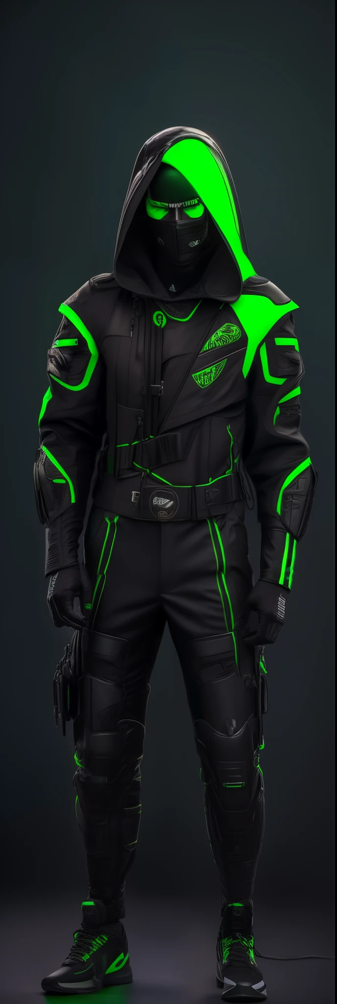 Personagem masculino, com capuz, mentalidade forte, verde neon, olhos verdes neon, rosto preto