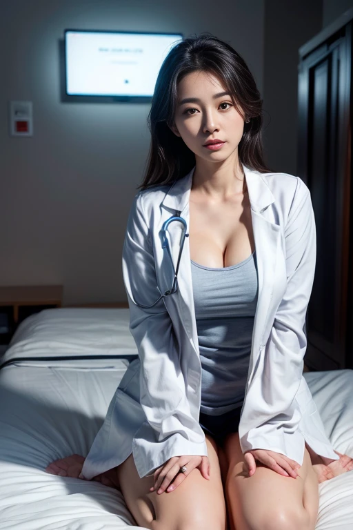 Photorealistic beautiful doctor、stunningly beautiful、doctors white coat, Doctor Fashion、(top-quality、8K、32K、​masterpiece、nffsw:1.3)、超A high resolution,(Photorealsitic:1.4),Raw photography, Detailed face,,Beautiful long hair, ((Doctor Style)), , tight skirts、 Natural makeup, Breast cleavage, medium full breasted、inside hospital, Detailed background, Perfect Lighting, depth of fields, Beautiful shadow gradient,stethoscope , (((fullllbody))), Full body capture, fullllbody, Legs wide open, Open legs, Black pubic hair, look to the camera, Eye for detail, Beautiful eyes,