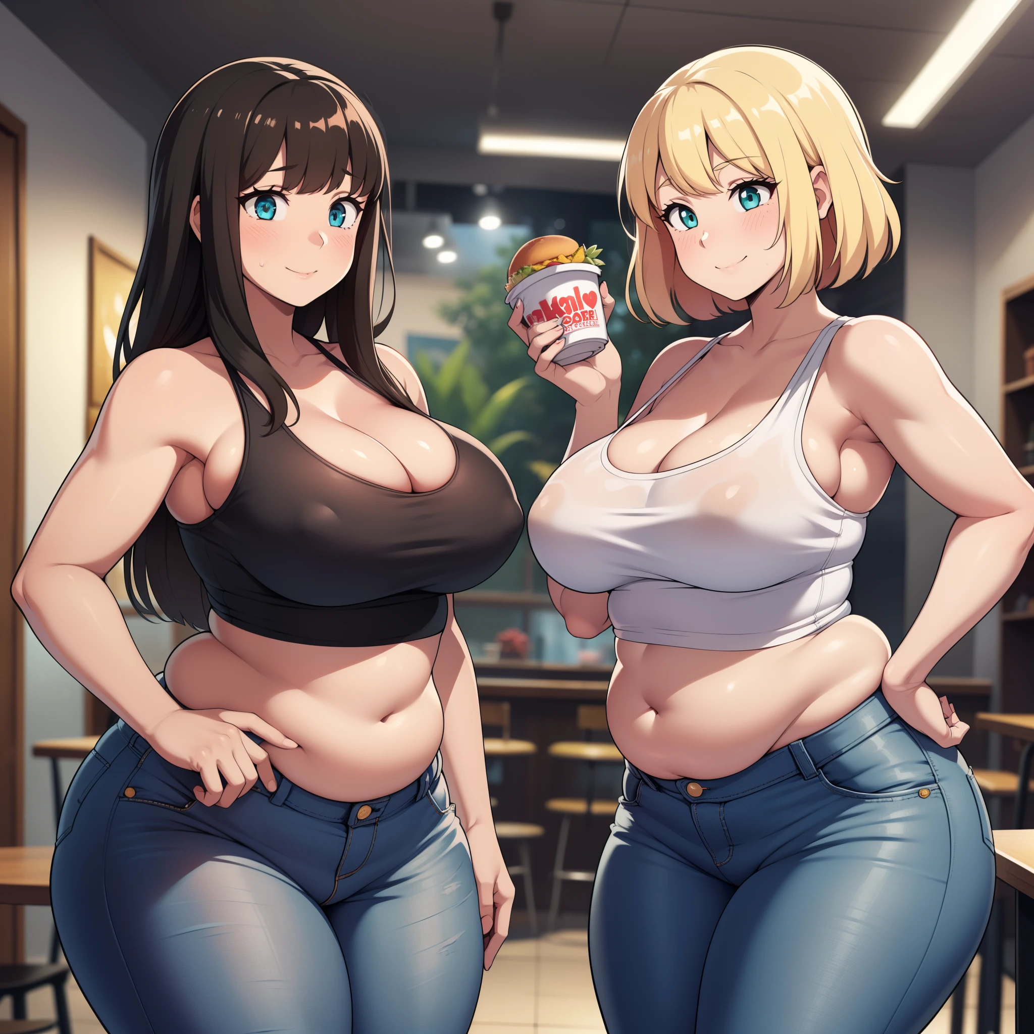 ((high res)), (Masterpiece), perfect anatomy, perfect shading, field of depth, (best quality), extremely delicate and beautiful, perfect lighting, detailed face, ultra cute face, cute, (cowboy shot 1.2), full body, (((2girls))), ((2 girls 1 and 2))

Girl 1: has long hair, fluffy hair, blonde hair, blue eyes, (blush), embarrassed, (crop top 1.2), (jean shorts 1.2), extremely tight clothes, medium breasts, cleavage, perky breasts, ((wide hips)), (thick thighs), (chubby), pudgy belly, fat rolls, belly hang,

Girl 2: has short hair, fluffy hair, brown hair, green eyes, smile, (white tank top 1.2), (jeans 1.2), extremely tight clothes, medium breasts, cleavage, perky breasts, (((wide hips))), ((thick thighs)), (plump), chubby belly, fat rolls, belly hang, she has a jiggly belly,

Fast food restaurant, intricate background, detailed background, girls are standing next to each other,