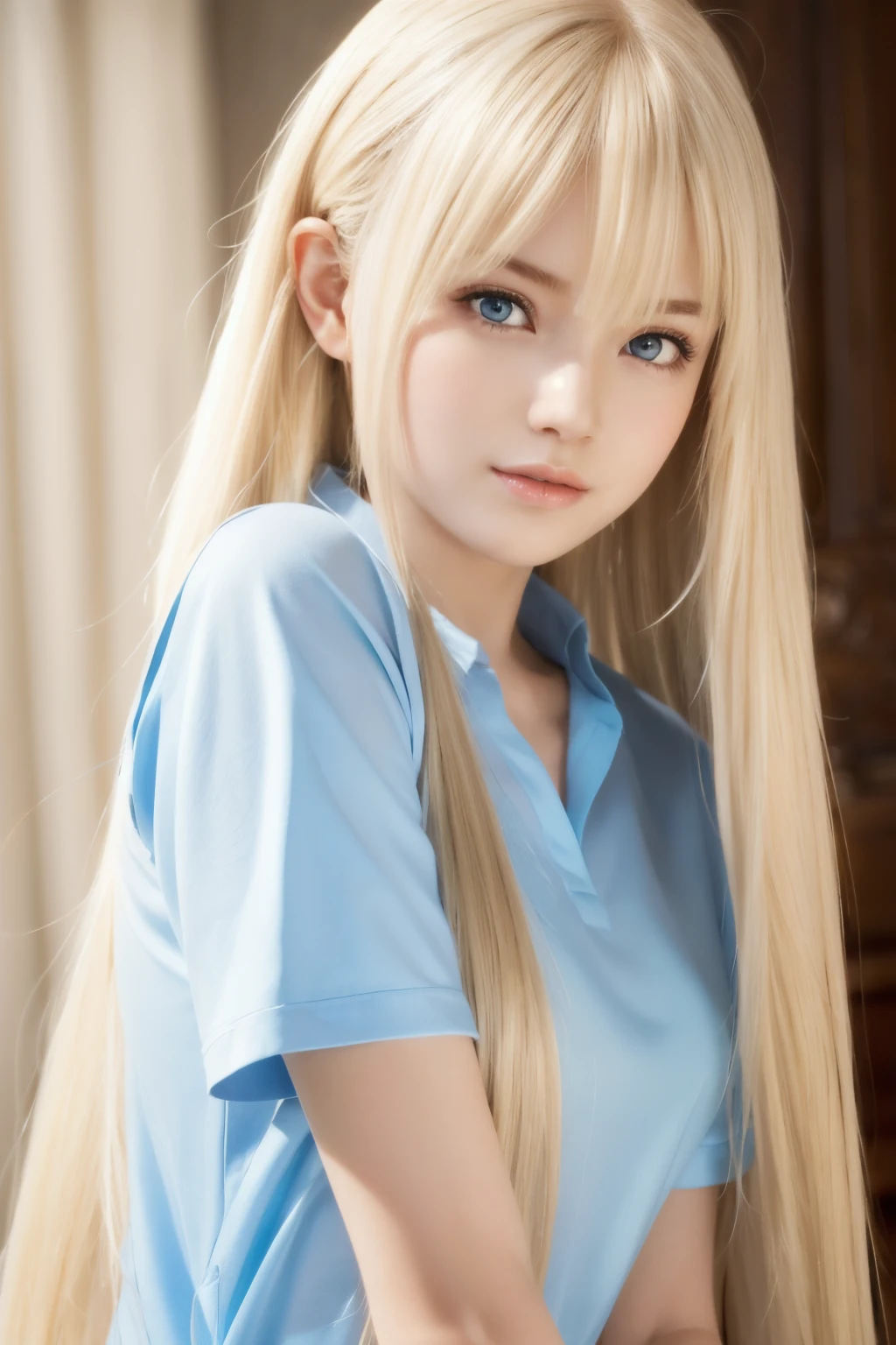 Unparalleled beauty, Lustrous firm and shiny skin, Bangs between the eyes, Glossy Straight Beautiful Platinum Blonde, Super Long Straight Silky Hair, eye line, Sexy beautiful innocent , High definition big beautiful bright blue eyes, Beautiful and nice girl, Baby face, Sve shirt