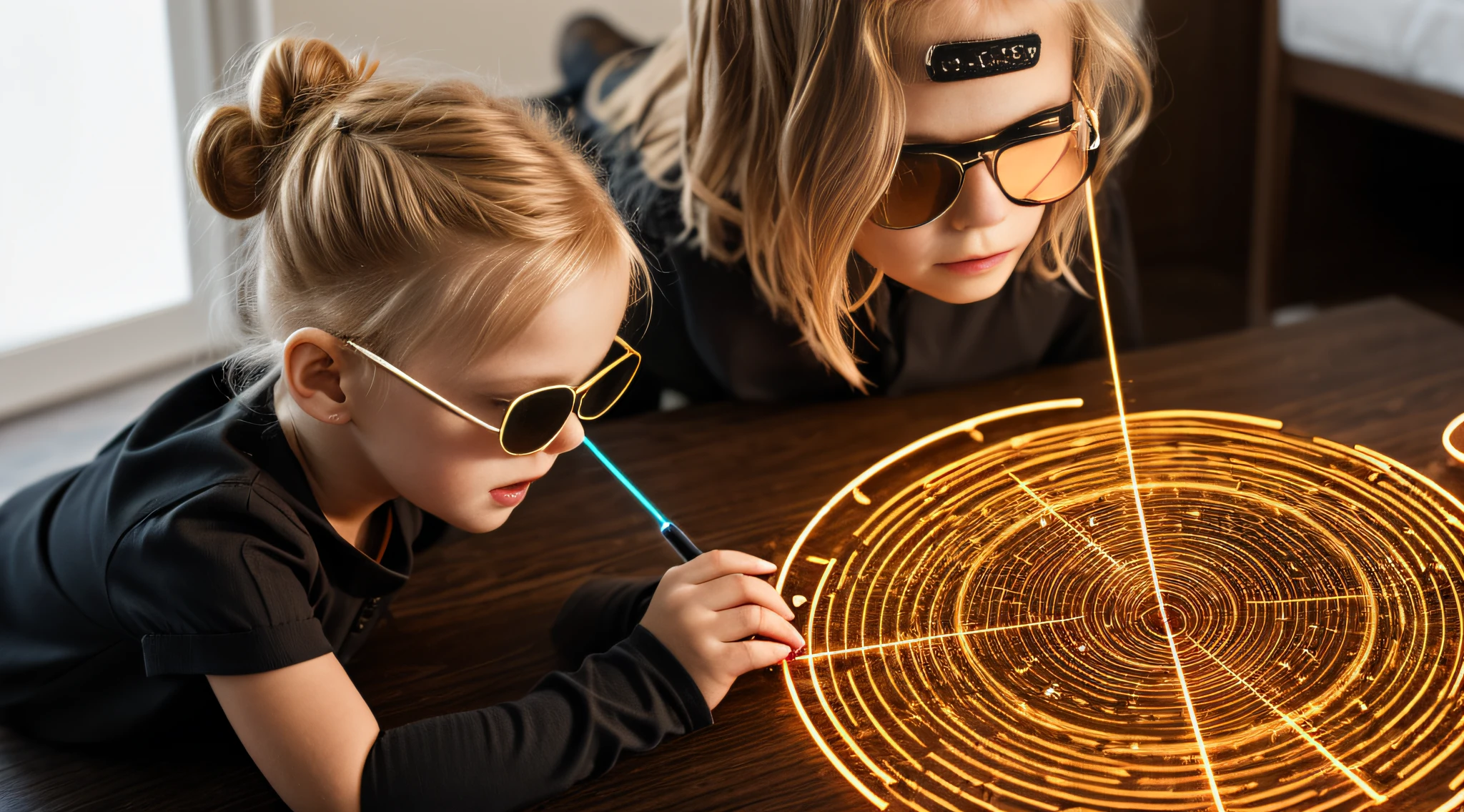close-up CHILD BLONDE GIRL WITH HAIRBUN, in a black blouse and sunglasses, a laser is being used to illuminate a circle,