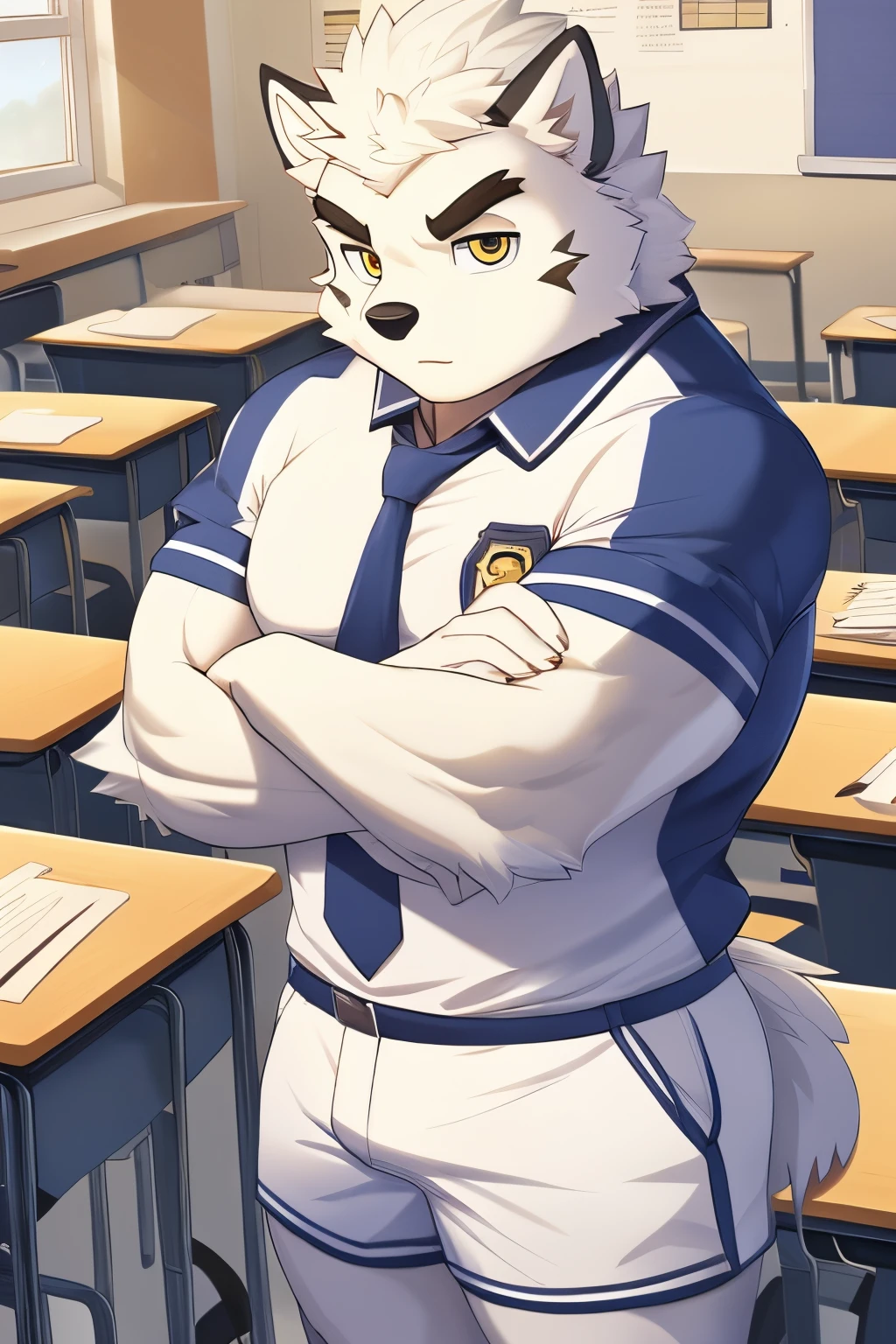 Hominidae, Photo pose. 4K, A high resolution, Best quality, posted on e621, (Anthropomorphic white wolf:1.2), male people, 20yr old, Thick eyebrows, White fur, extra very short hair, shaggy, Strong body, large pecs, ((White student uniform)), he is in class, Golden pupils, White skinny shorts, medium bulge, in class room,  (Muscular, Heavyweight:1.2), Correct anatomy, (author：Chunni, author：Taran Fidler:0.8), (詳細な目:1.2), sexy for, (Cartoon shading:1.2), Cartoon shading, serious expressions, face flushed, (view the viewer:1.2)