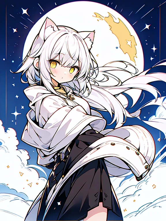 high-level image quality、girl with、ars、White Shorthair、yellow eyes、Black hoodie、natta、Luminous Eyes、(Cat's ears)、a moon、moonlights