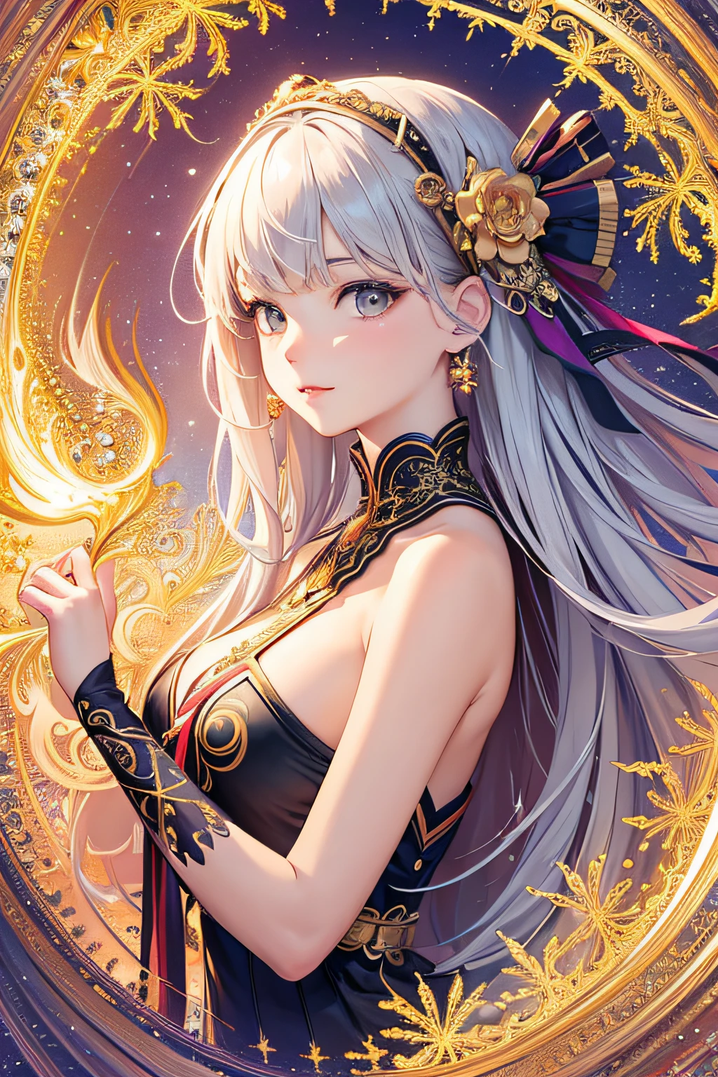 Anime - style illustration of two women in a gold and white outfit, Arte Oficial, lunar themed attire, divindade de cabelos brancos, Trend in CGTacing:, Wlop e Sakimichan, cushart krenz arte chave feminina, Arte Oficial altamente detalhada, prata e ouro, trending on artstation pixiv, Cores Dourado e Prata, knights of zodiac girl