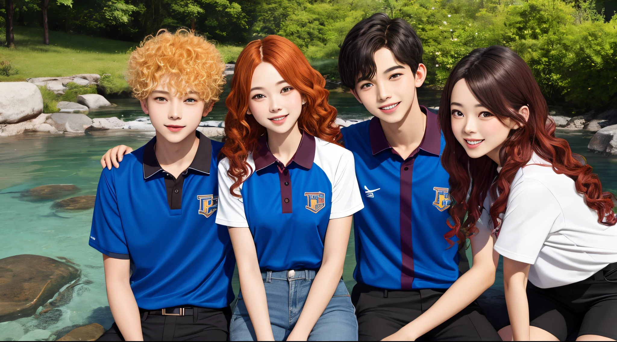 ((Friends of 4)) a girl with red long hair wearing dress; a girl with curly yellow hair, wearing T-shirts and jean; a boy with deep brown hair wearing sports uniform; a boy with black hair wearing business suits. cheerfulness,The background is interspersed with small rivers,Perfect quality,Clear focus, extremely colorful,Perfect face,Complicated details,ultra-low perspective,wide wide shot