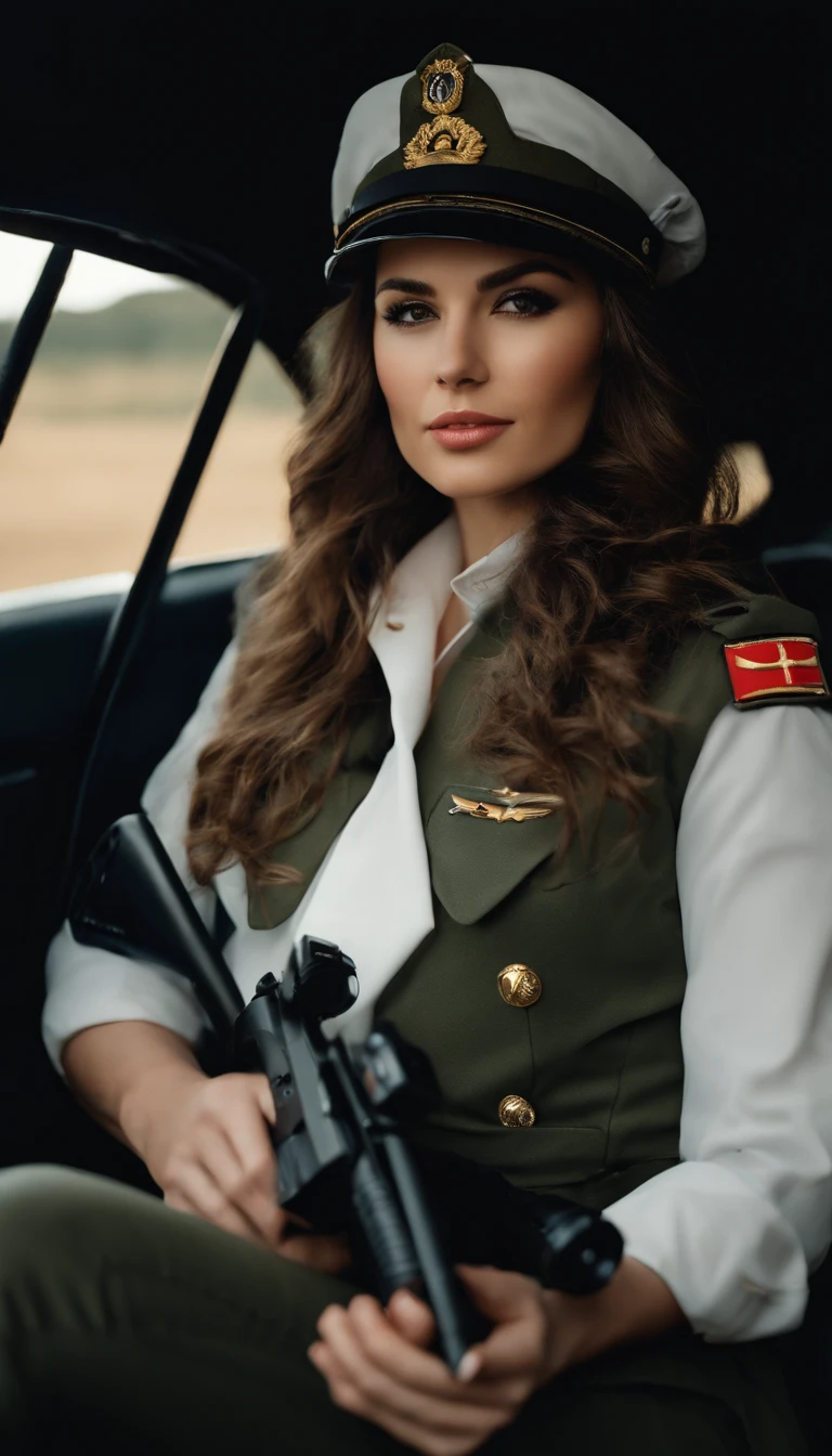 Close-up of a european woman sitting in a car holding a camera in military uniform, military girl, funny outfit, military girl outfit, military uniform, in white shirt, soldier girl, popular in cgstation, perfect military composure, long hair, tight shirt, girl in uniform, army, in shirt, sexy girl, smooth white tights suit, depth of field