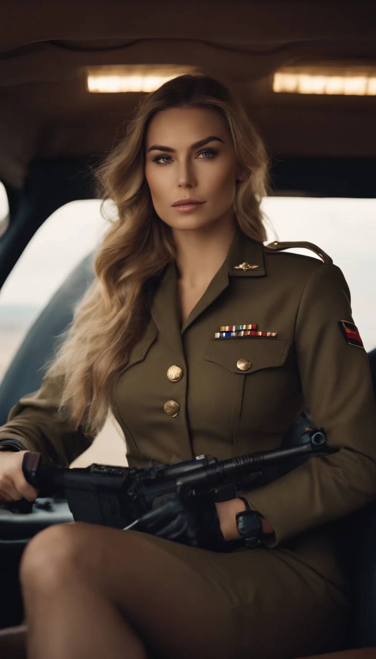 Close-up of a european woman sitting in a car holding a camera in military uniform, military girl, funny outfit, military girl outfit, military uniform, in white shirt, soldier girl, popular in cgstation, perfect military composure, long hair, tight shirt, girl in uniform, army, in shirt, sexy girl, smooth white tights suit, depth of field