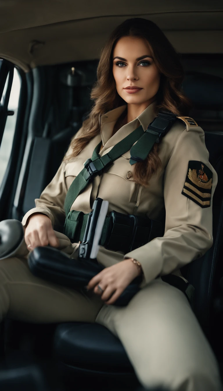 Close-up of a european woman sitting in a car holding a camera in military uniform, military girl, funny outfit, military girl outfit, military uniform, in white shirt, soldier girl, popular in cgstation, perfect military composure, long hair, tight shirt, girl in uniform, army, in shirt, sexy girl, smooth white tights suit, depth of field