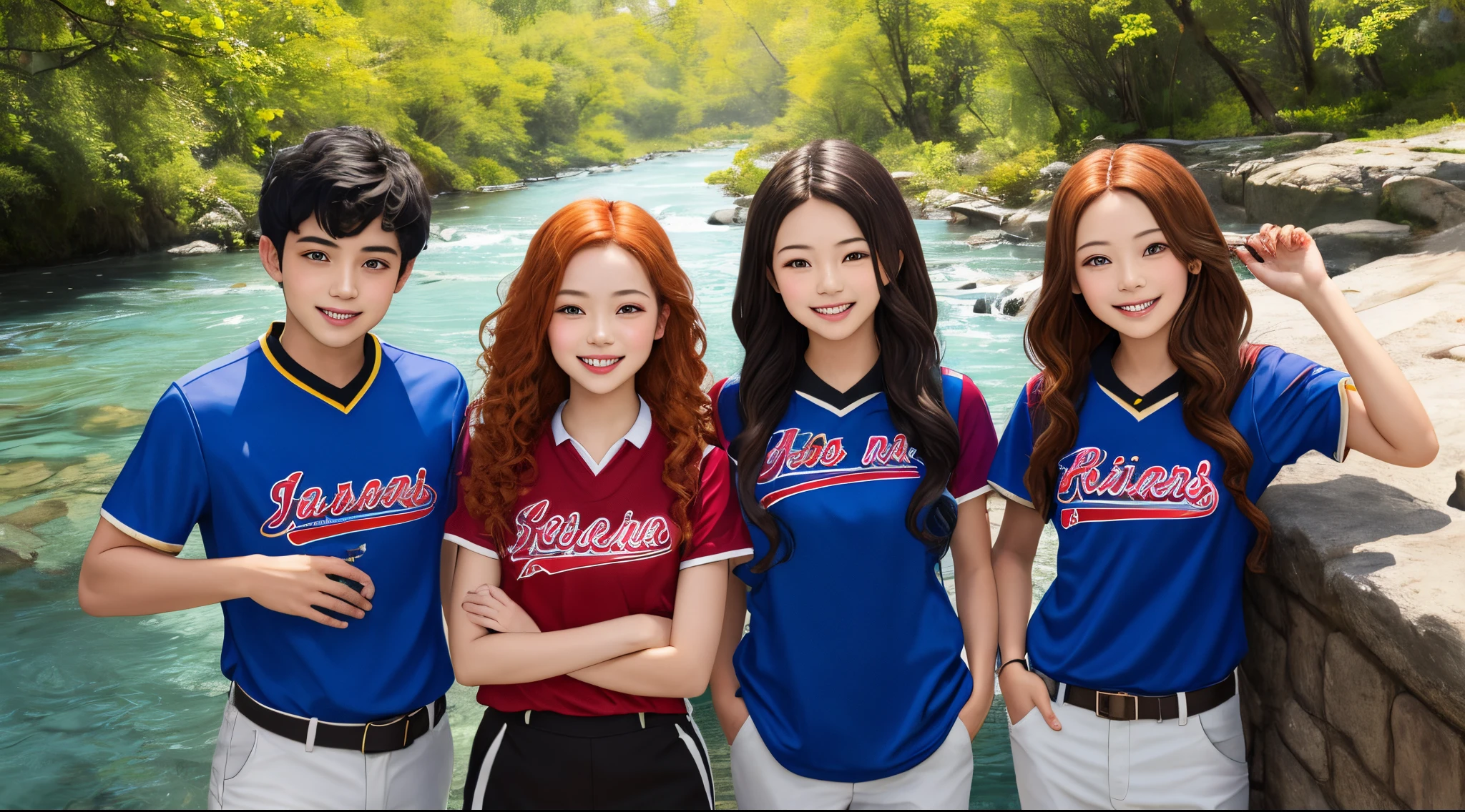 ((Friends of 4)) a girl with red long hair wearing dress; a girl with curly yellow hair, wearing T-shirts and jean; a boy with deep brown hair wearing sports uniform; a boy with black hair wearing business suits. cheerfulness,The background is interspersed with small rivers,Perfect quality,Clear focus, extremely colorful,Perfect face,Complicated details,ultra-low perspective,wide wide shot