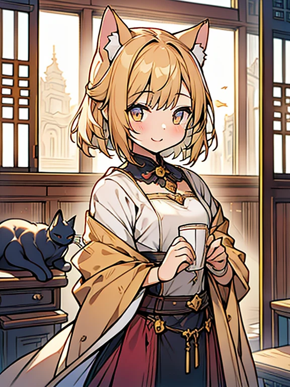 high-level image quality、girl with、14years、Golden Shorthair、doress、(Cat's ears)、early evening、smil