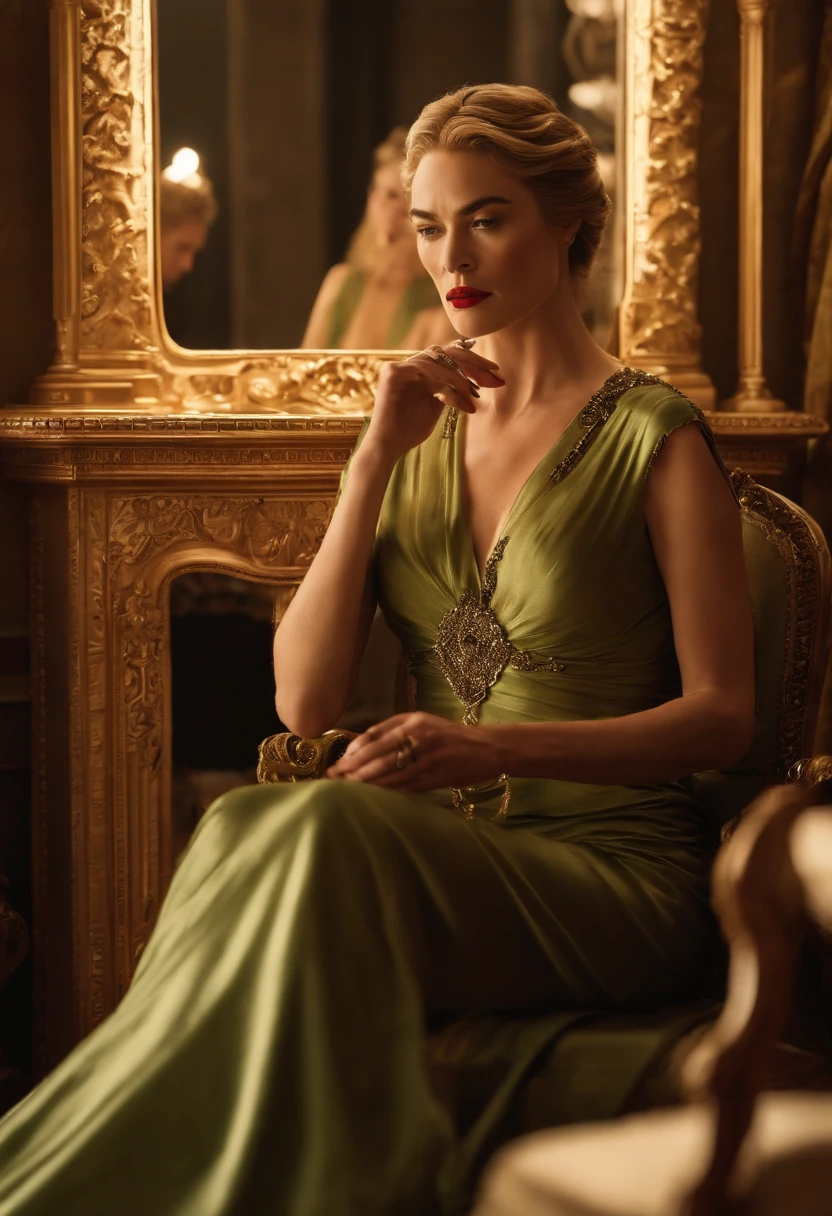 A photo of Cersei sitting at her vanity, staring into the mirror with a wicked smirk as she touches up her deep red lipstick.,Game of Thrones TV Show,Cersei is pale with golden hair, green eyes, wears red gowns and gold jewelry, famously portrayed by Lena Headey, female
