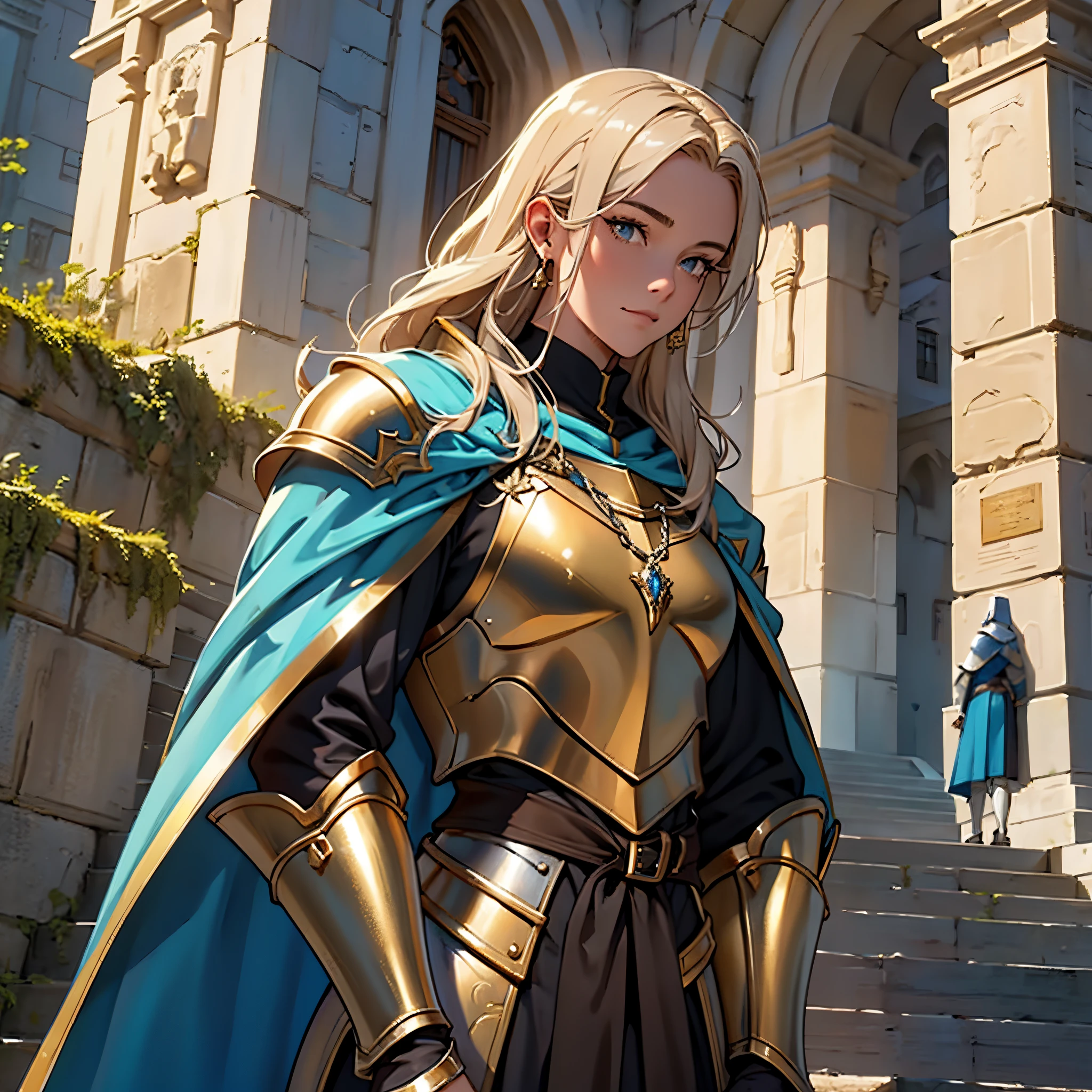 ​masterpiece, Best Quality, 4k, Very detailed, Close-up of a person&#39;Upper body body, Background with:In front of the stairs of a medieval castle built on a lake, Mature female knight wearing golden armor and blue cloak,