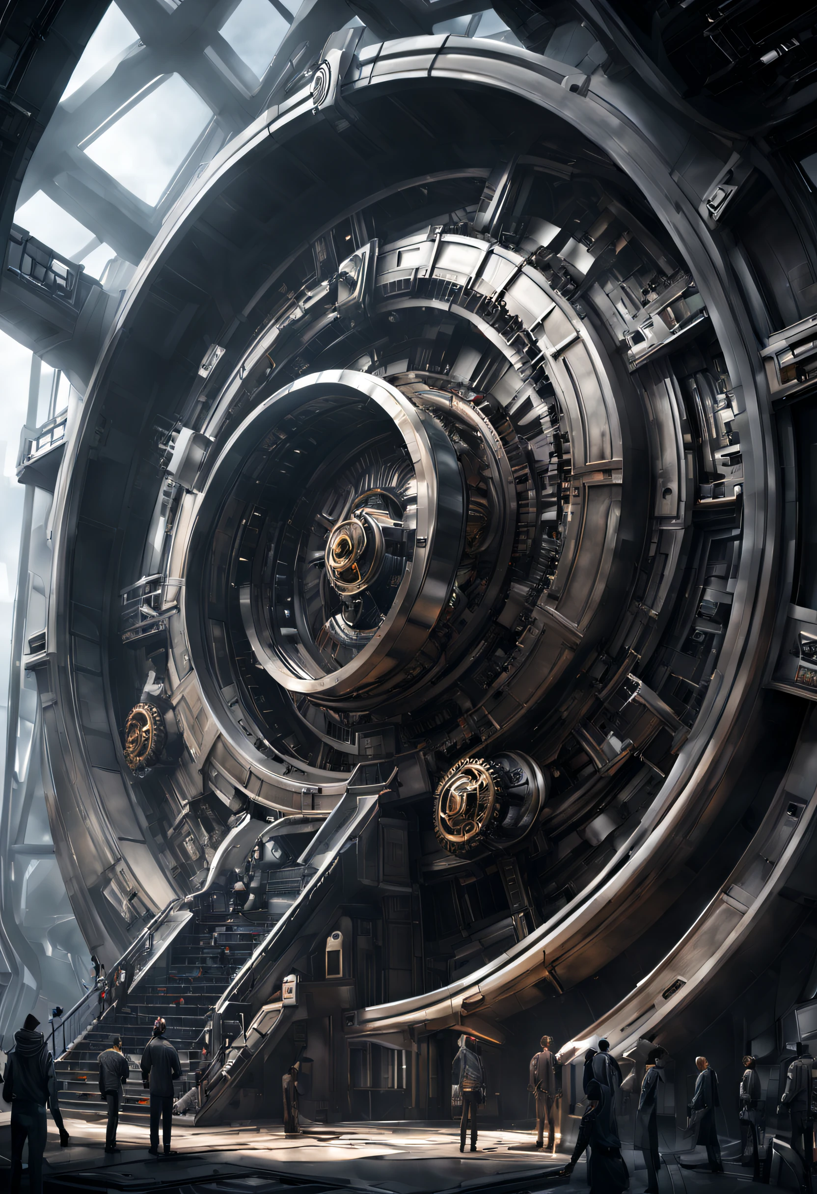 （Very unified cg scene design），（Giant sci-fi elevator to outer space），Complex structure，gear wheel，Titanium Alloy，Sophisticated construction，Ultra-complex structures，future people，sci-fy，