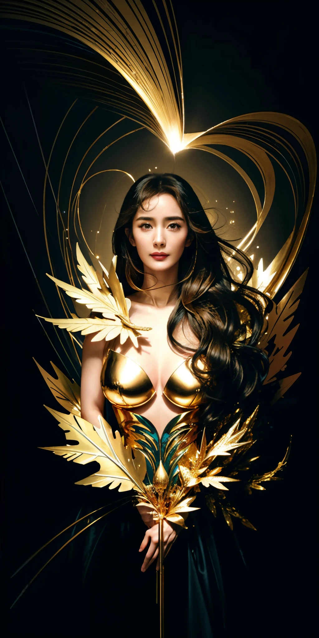 （tmasterpiece，top-quality，Best quality，offcial art，Beautiful and beautiful：1.2），（1个Giant Breast Girl，yangmi，Yang Mi，），The is very detailed，Colorful，The most detailed，offcial art，Unity8k wallpapers，ultra - detailed，Beautiful and beautiful，Big breasts are beautiful，tmasterpiece，Best quality，（Tangled，datura，Tangles，entangled），Divine light，gold foil，Gold leaf art，Flash drawing，Perfect NwsjMajic