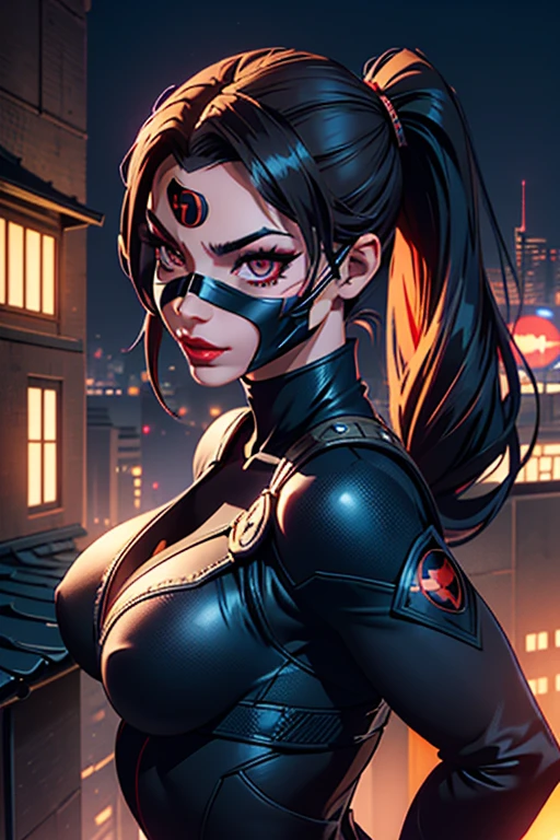 European woman on a roof, gotham city, 30 years old, Acrobatic pose, ninja suit with hero emblem, mask on face, Dark hair, red lips, Eye shadow, slutty makeup, Ponytails ,big breasts,Second Life Avatar, Beautiful screenshot, Second Life,attractive woman, high quality, highly detailed skin